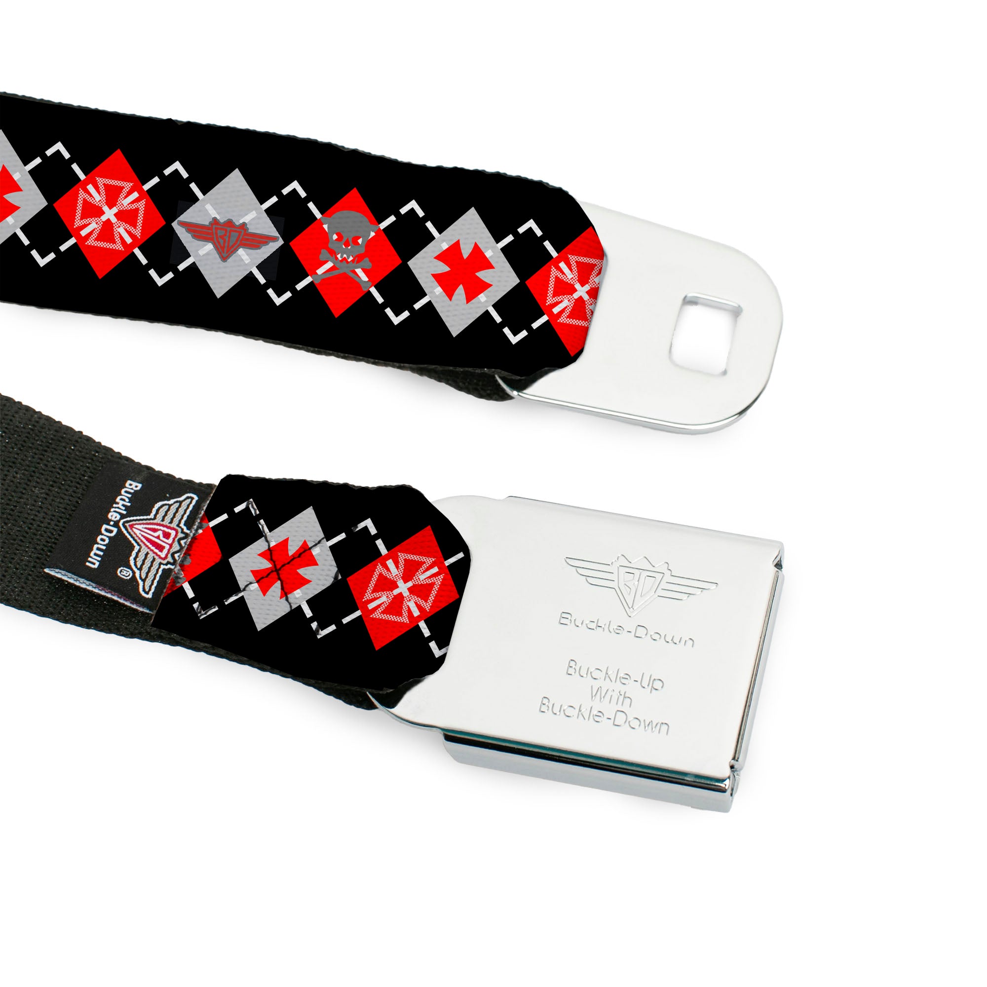 BD Wings Logo CLOSE-UP Full Color Black Silver Seatbelt Belt - BD Argyle Black/Red/Gray Webbing Seatbelt Belts Buckle-Down