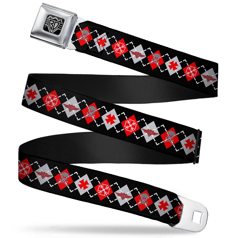 BD Wings Logo CLOSE-UP Full Color Black Silver Seatbelt Belt - BD Argyle Black/Red/Gray Webbing Seatbelt Belts Buckle-Down