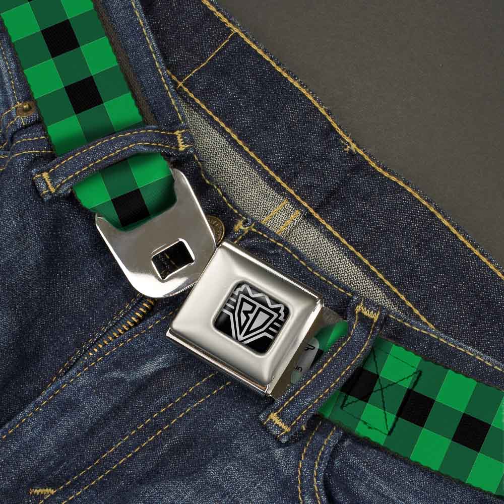 BD Wings Logo CLOSE-UP Full Color Black Silver Seatbelt Belt - Buffalo Plaid Black/Neon Green Webbing Seatbelt Belts Buckle-Down