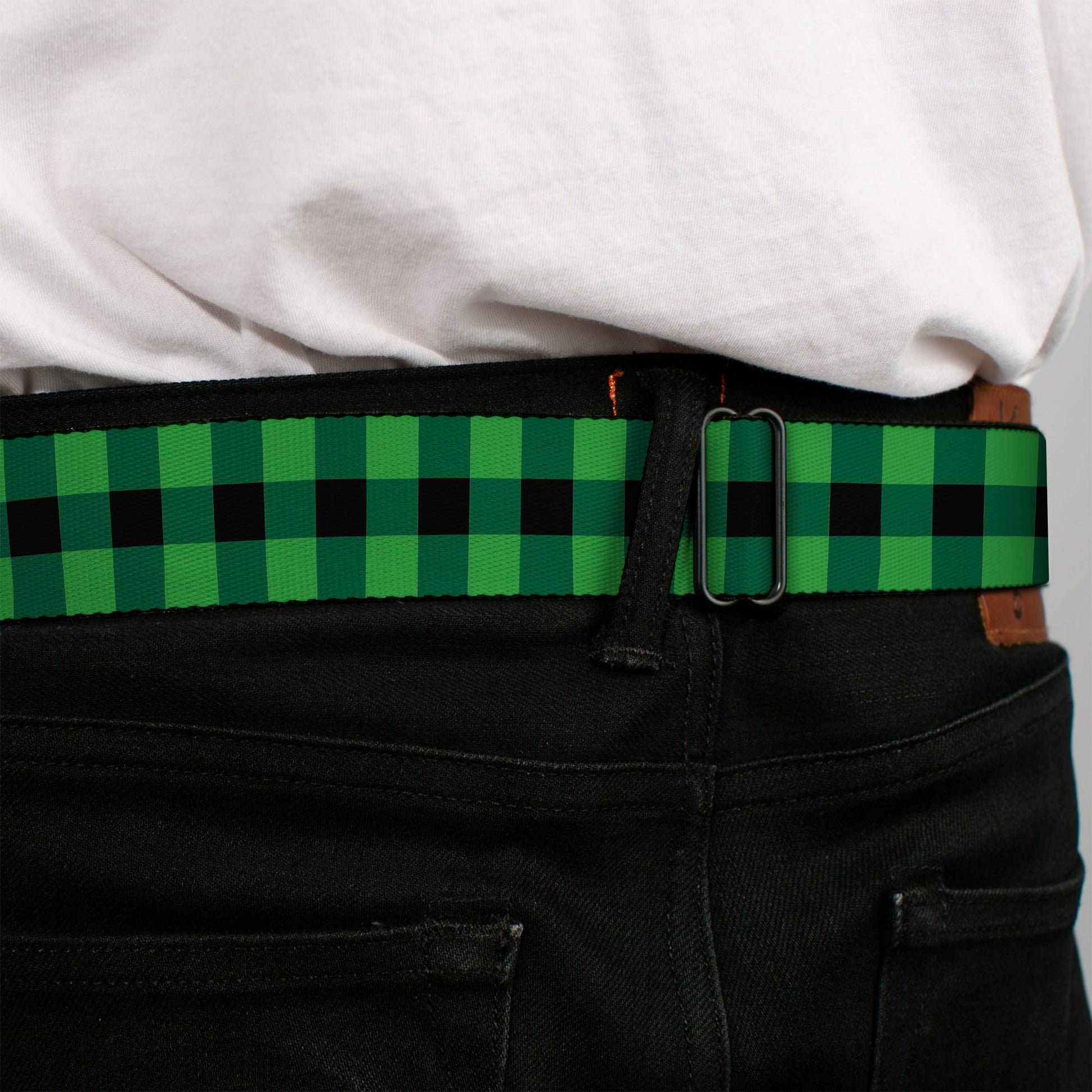 BD Wings Logo CLOSE-UP Full Color Black Silver Seatbelt Belt - Buffalo Plaid Black/Neon Green Webbing Seatbelt Belts Buckle-Down
