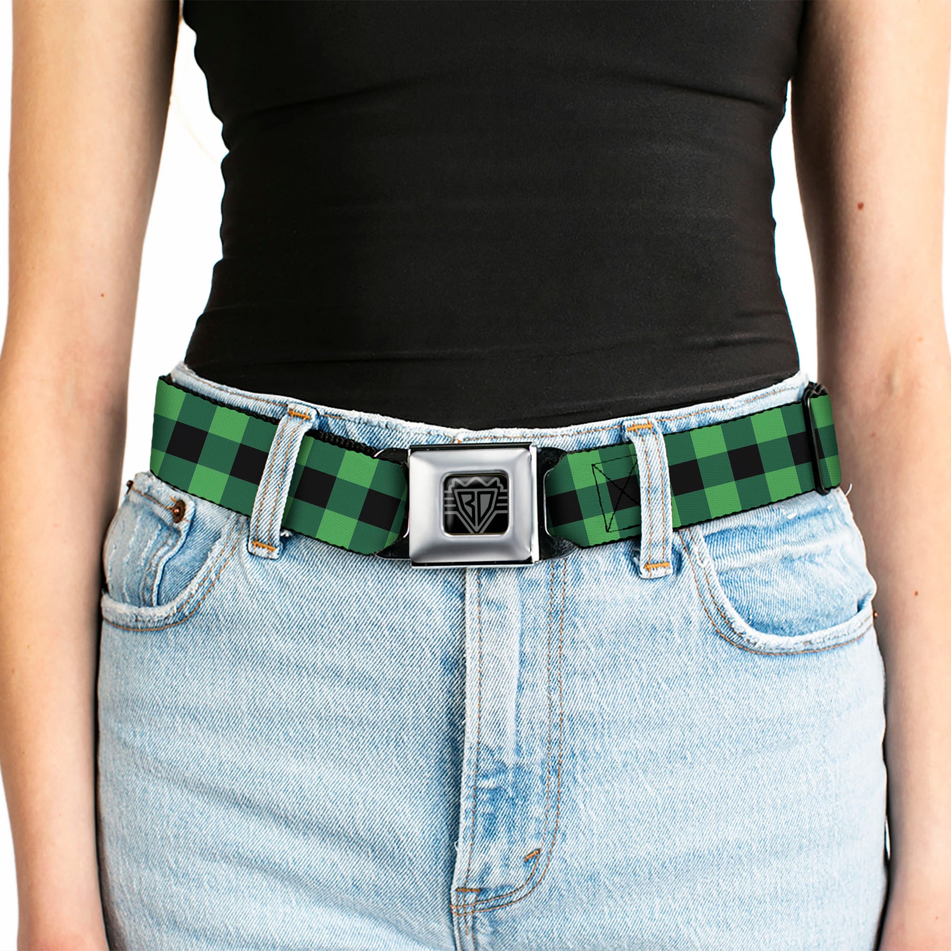 BD Wings Logo CLOSE-UP Full Color Black Silver Seatbelt Belt - Buffalo Plaid Black/Neon Green Webbing Seatbelt Belts Buckle-Down