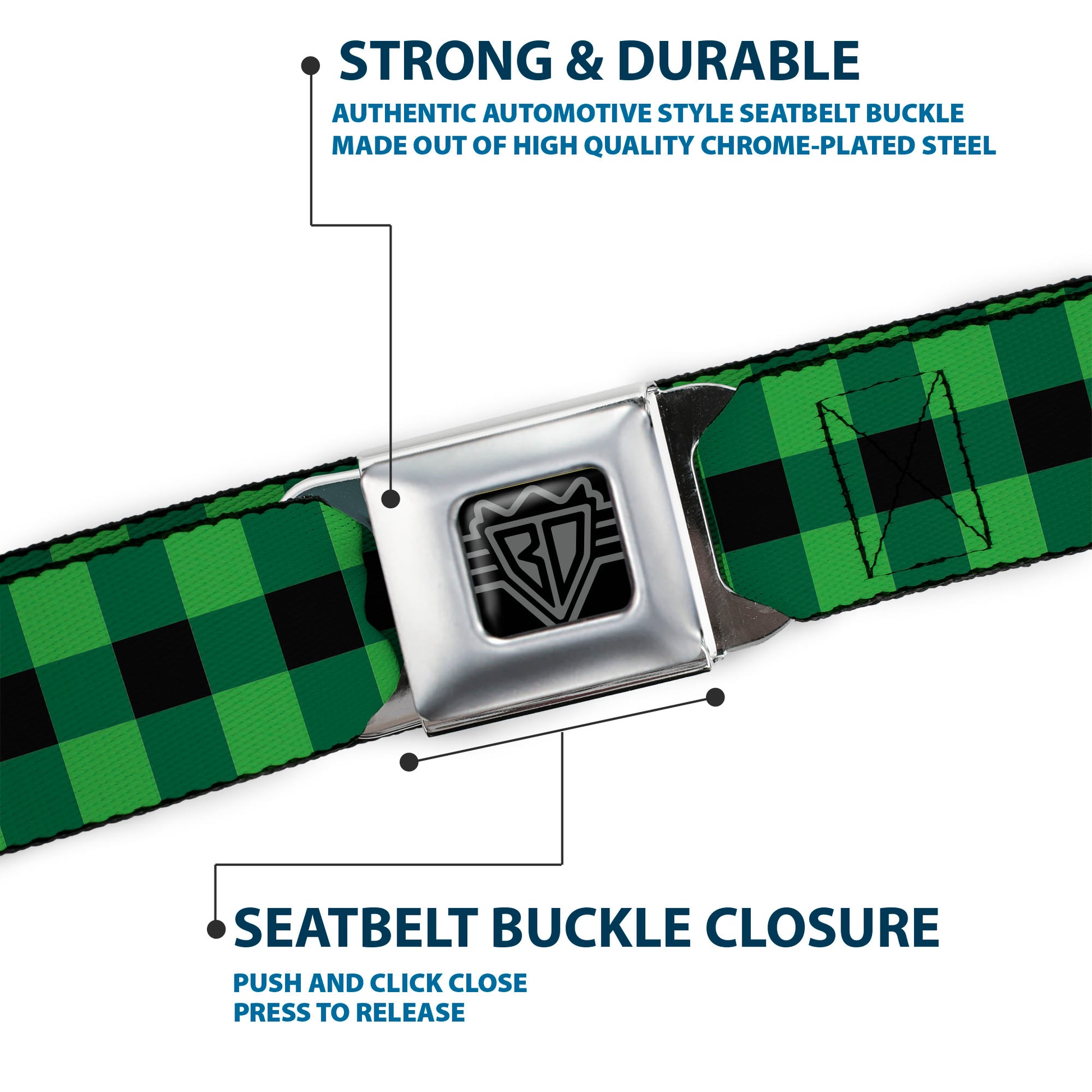 BD Wings Logo CLOSE-UP Full Color Black Silver Seatbelt Belt - Buffalo Plaid Black/Neon Green Webbing Seatbelt Belts Buckle-Down