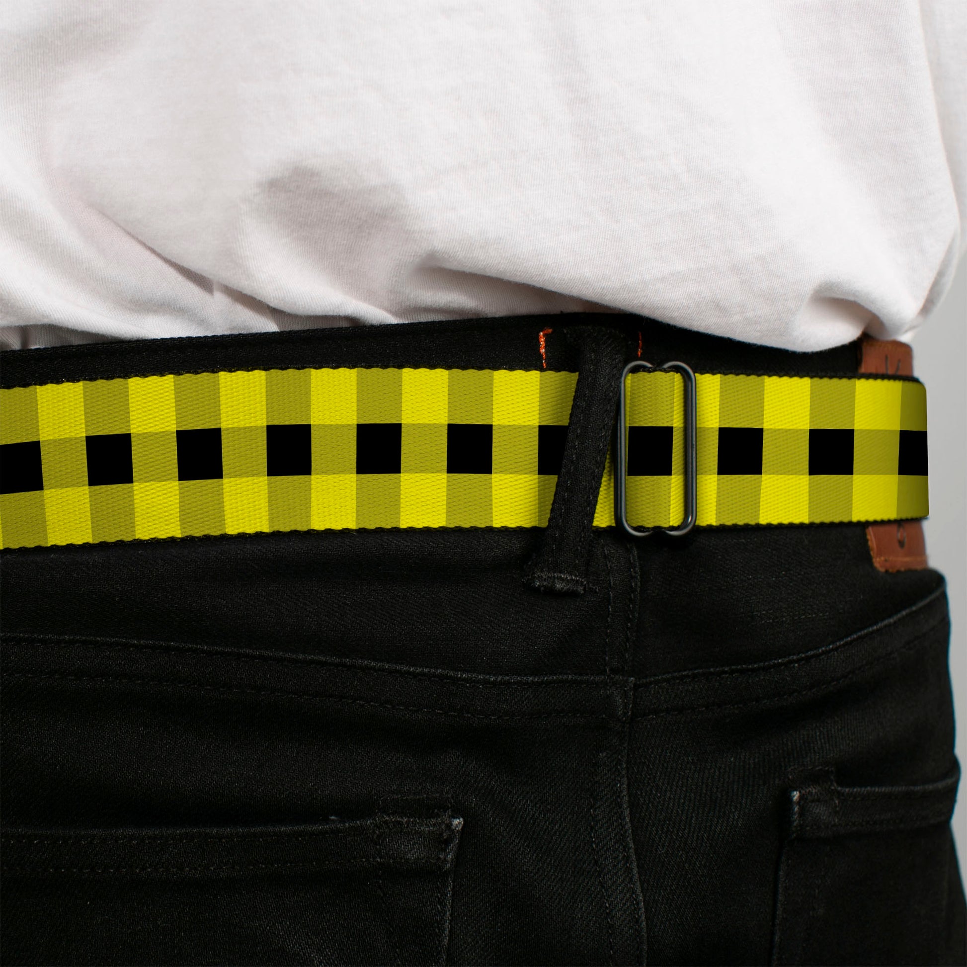 BD Wings Logo CLOSE-UP Full Color Black Silver Seatbelt Belt - Buffalo Plaid Black/Neon Yellow Webbing Seatbelt Belts Buckle-Down