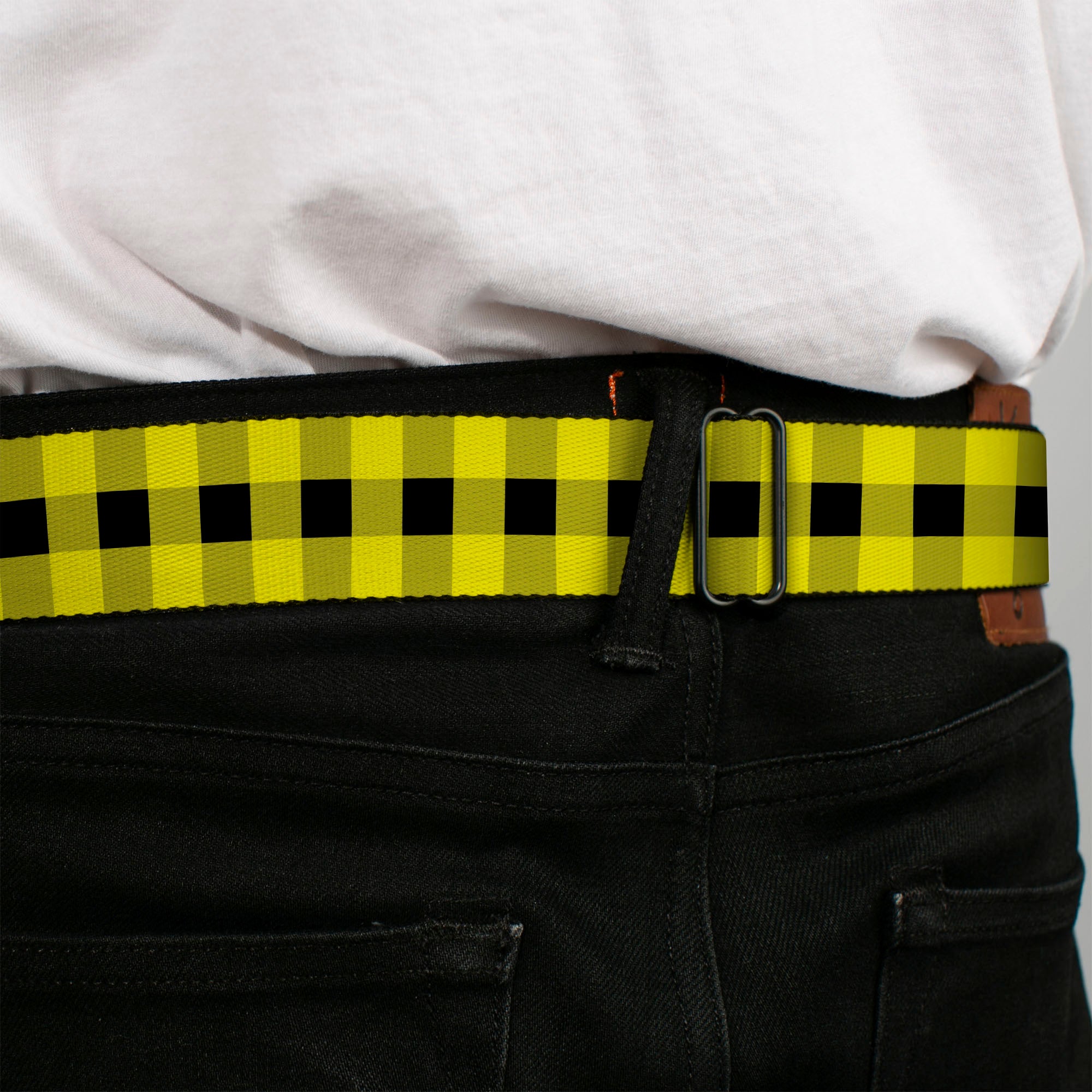 BD Wings Logo CLOSE-UP Full Color Black Silver Seatbelt Belt - Buffalo Plaid Black/Neon Yellow Webbing Seatbelt Belts Buckle-Down