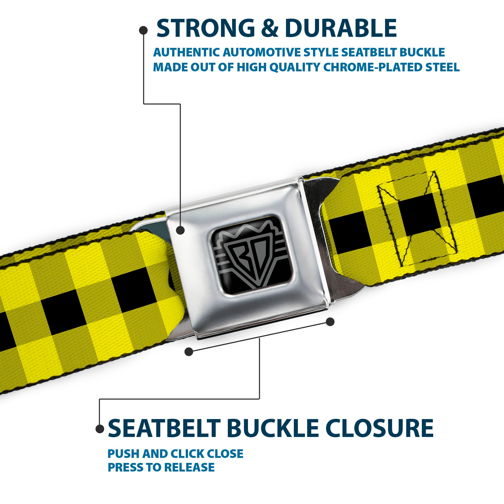 BD Wings Logo CLOSE-UP Full Color Black Silver Seatbelt Belt - Buffalo Plaid Black/Neon Yellow Webbing Seatbelt Belts Buckle-Down