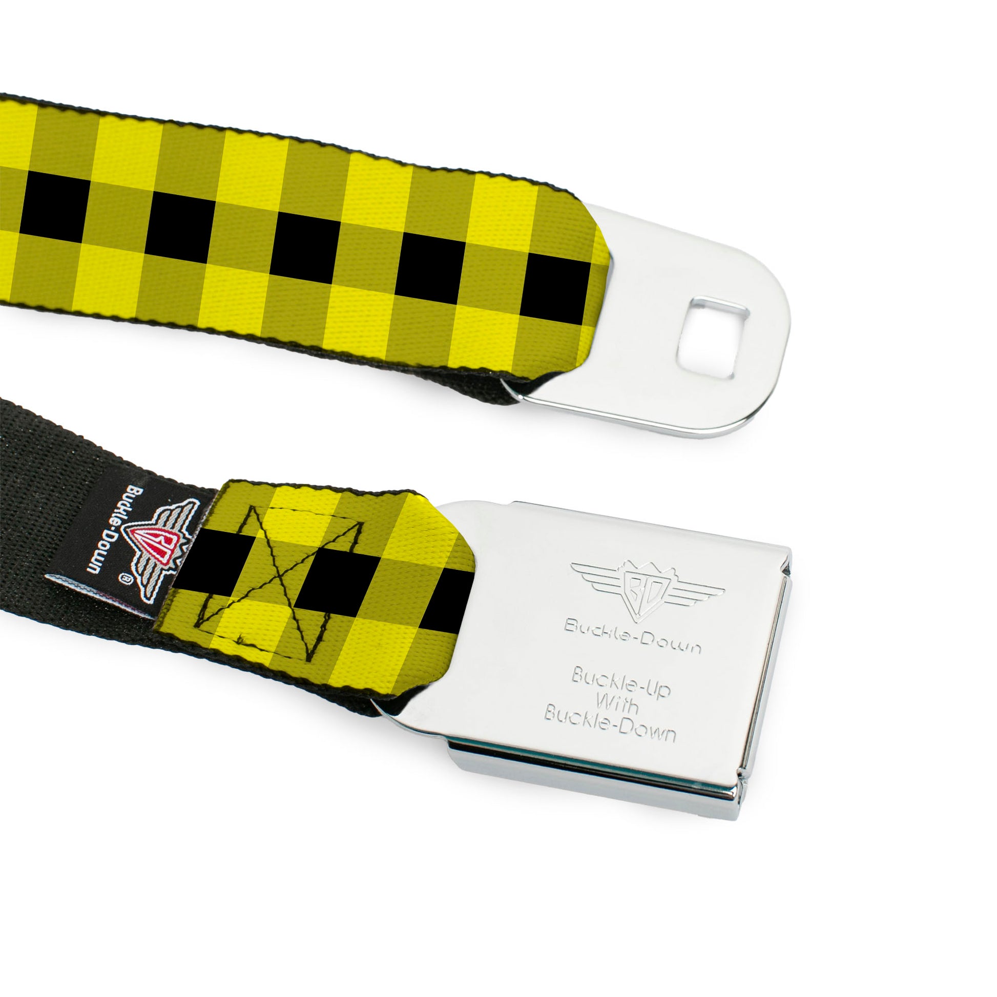BD Wings Logo CLOSE-UP Full Color Black Silver Seatbelt Belt - Buffalo Plaid Black/Neon Yellow Webbing Seatbelt Belts Buckle-Down