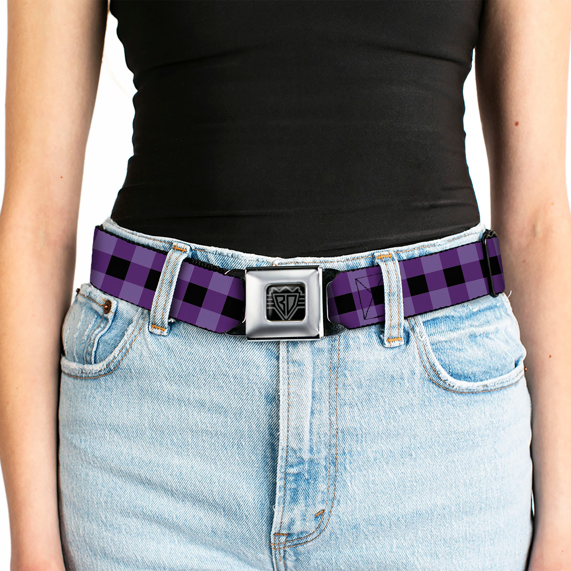 BD Wings Logo CLOSE-UP Full Color Black Silver Seatbelt Belt - Buffalo Plaid Black/Purple Webbing Seatbelt Belts Buckle-Down