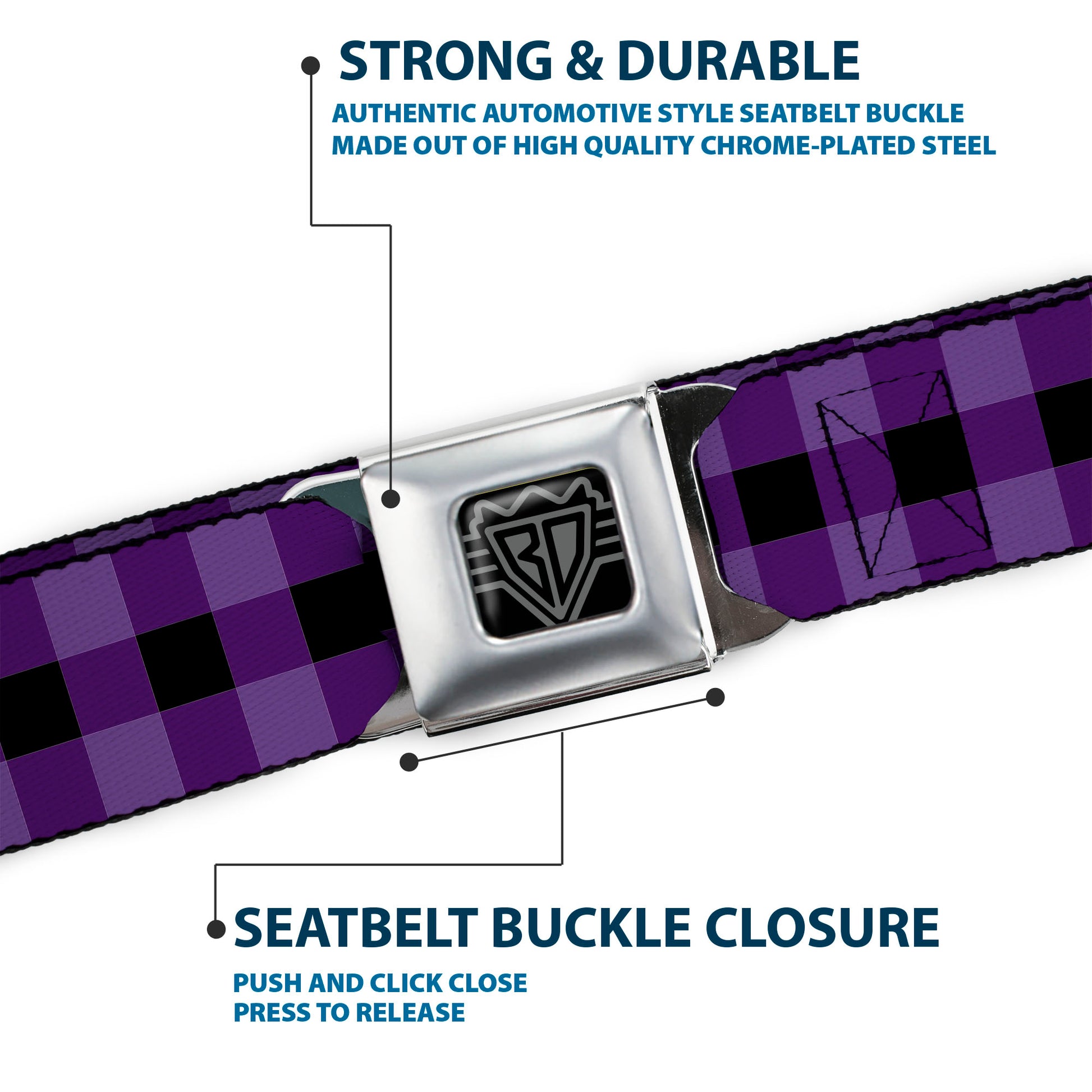 BD Wings Logo CLOSE-UP Full Color Black Silver Seatbelt Belt - Buffalo Plaid Black/Purple Webbing Seatbelt Belts Buckle-Down