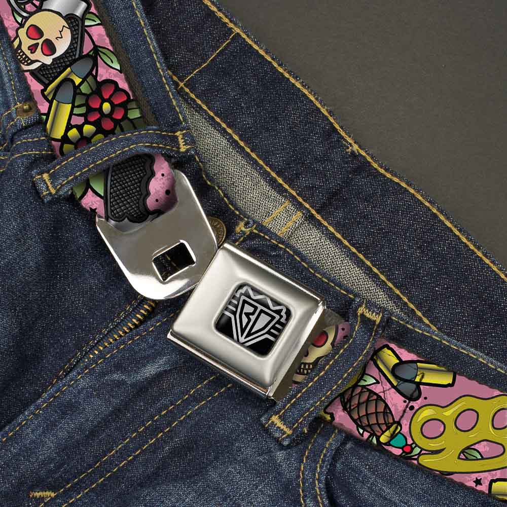 BD Wings Logo CLOSE-UP Full Color Black Silver Seatbelt Belt - Born to Raise Hell CLOSE-UP Pink Webbing Seatbelt Belts Buckle-Down