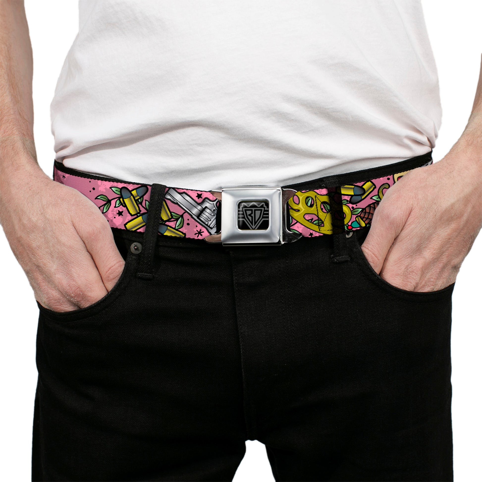 BD Wings Logo CLOSE-UP Full Color Black Silver Seatbelt Belt - Born to Raise Hell CLOSE-UP Pink Webbing Seatbelt Belts Buckle-Down