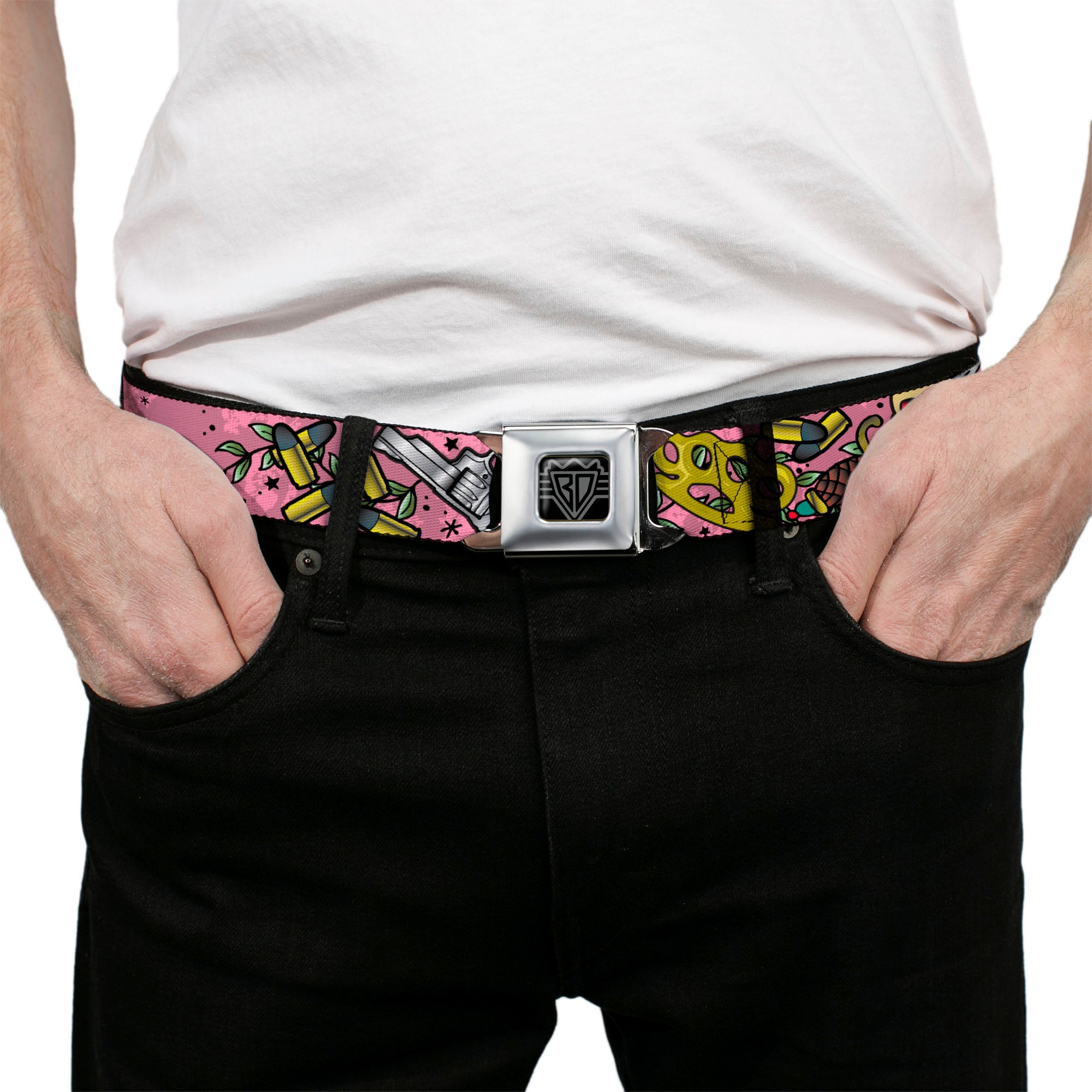 BD Wings Logo CLOSE-UP Full Color Black Silver Seatbelt Belt - Born to Raise Hell CLOSE-UP Pink Webbing Seatbelt Belts Buckle-Down