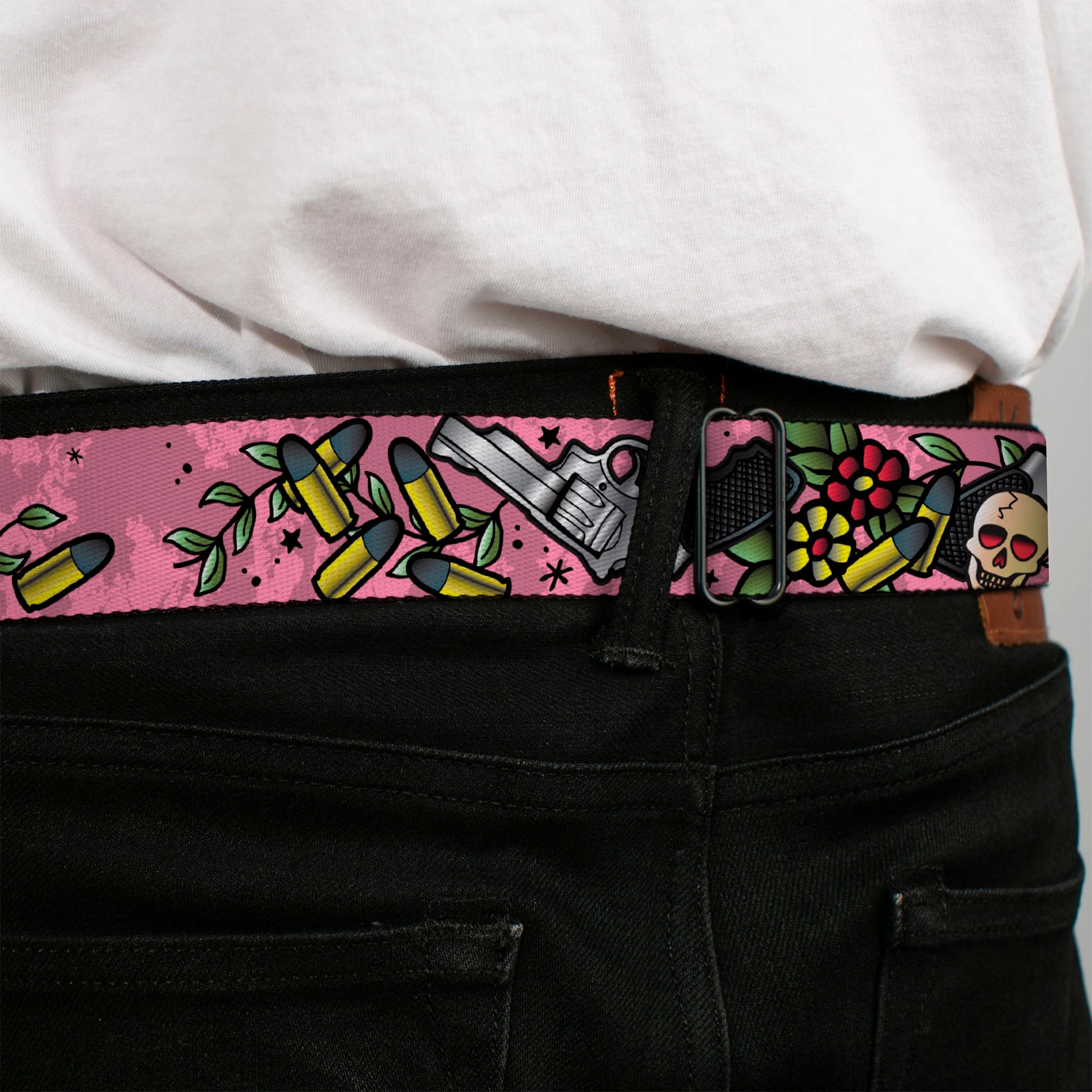 BD Wings Logo CLOSE-UP Full Color Black Silver Seatbelt Belt - Born to Raise Hell CLOSE-UP Pink Webbing Seatbelt Belts Buckle-Down
