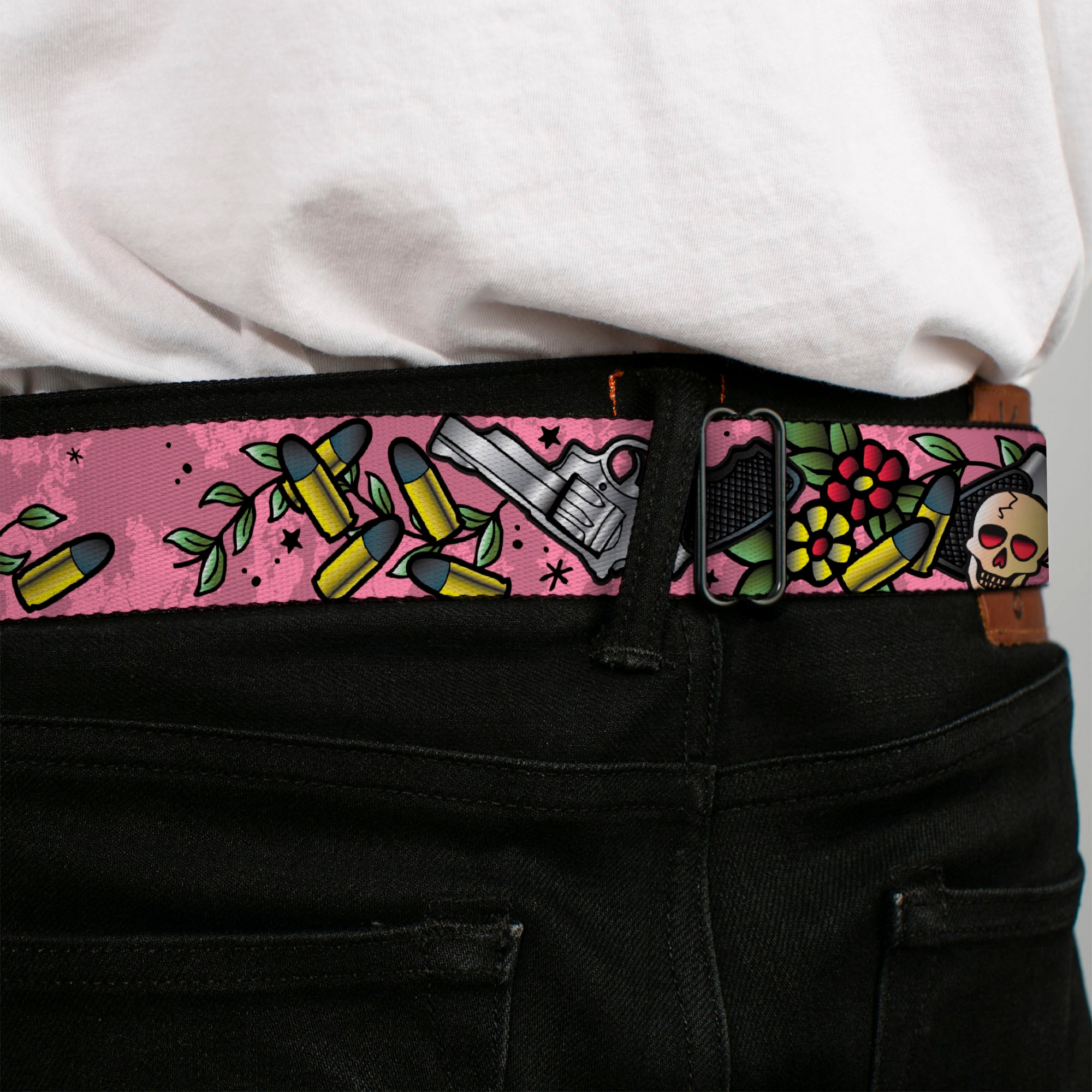 BD Wings Logo CLOSE-UP Full Color Black Silver Seatbelt Belt - Born to Raise Hell CLOSE-UP Pink Webbing Seatbelt Belts Buckle-Down