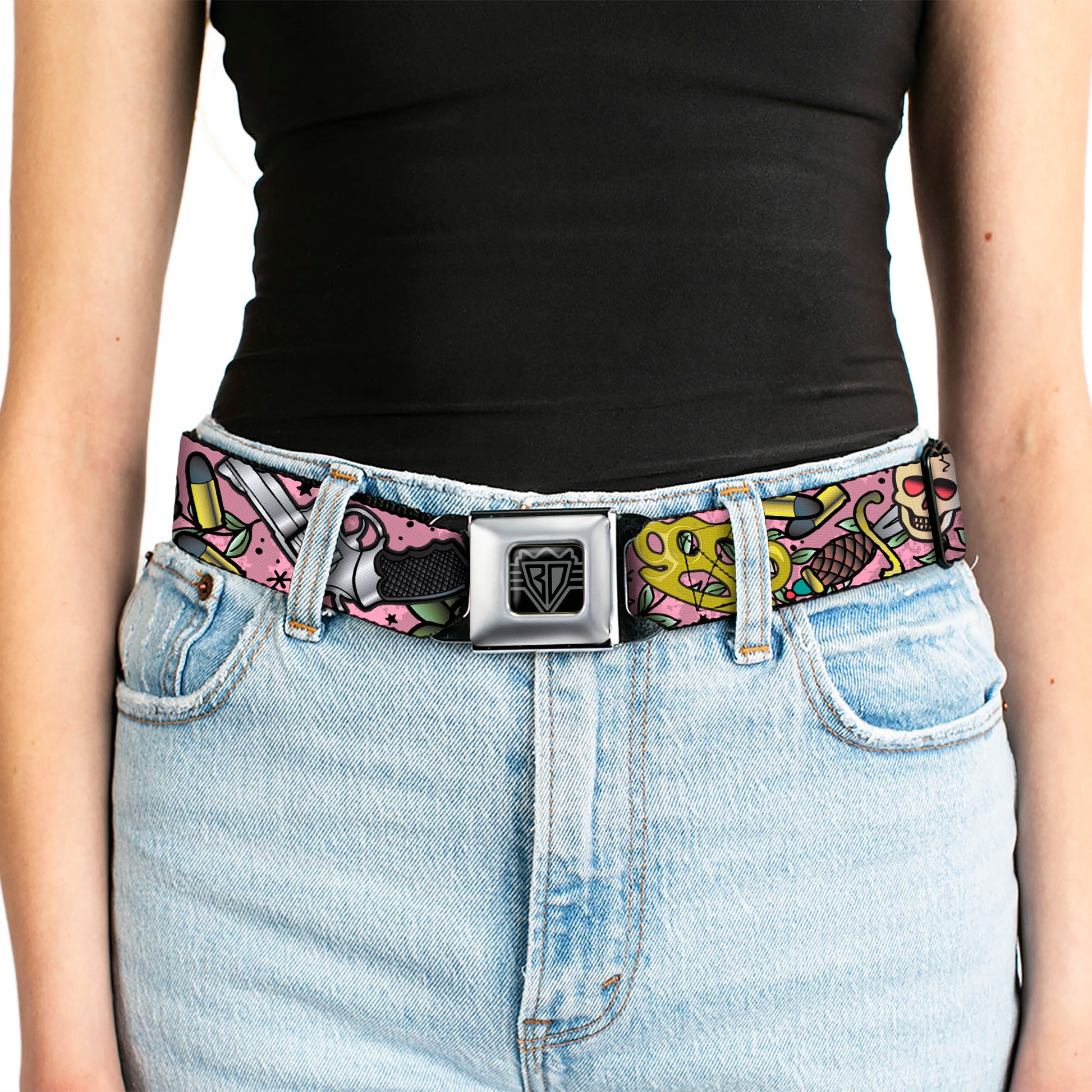 BD Wings Logo CLOSE-UP Full Color Black Silver Seatbelt Belt - Born to Raise Hell CLOSE-UP Pink Webbing Seatbelt Belts Buckle-Down