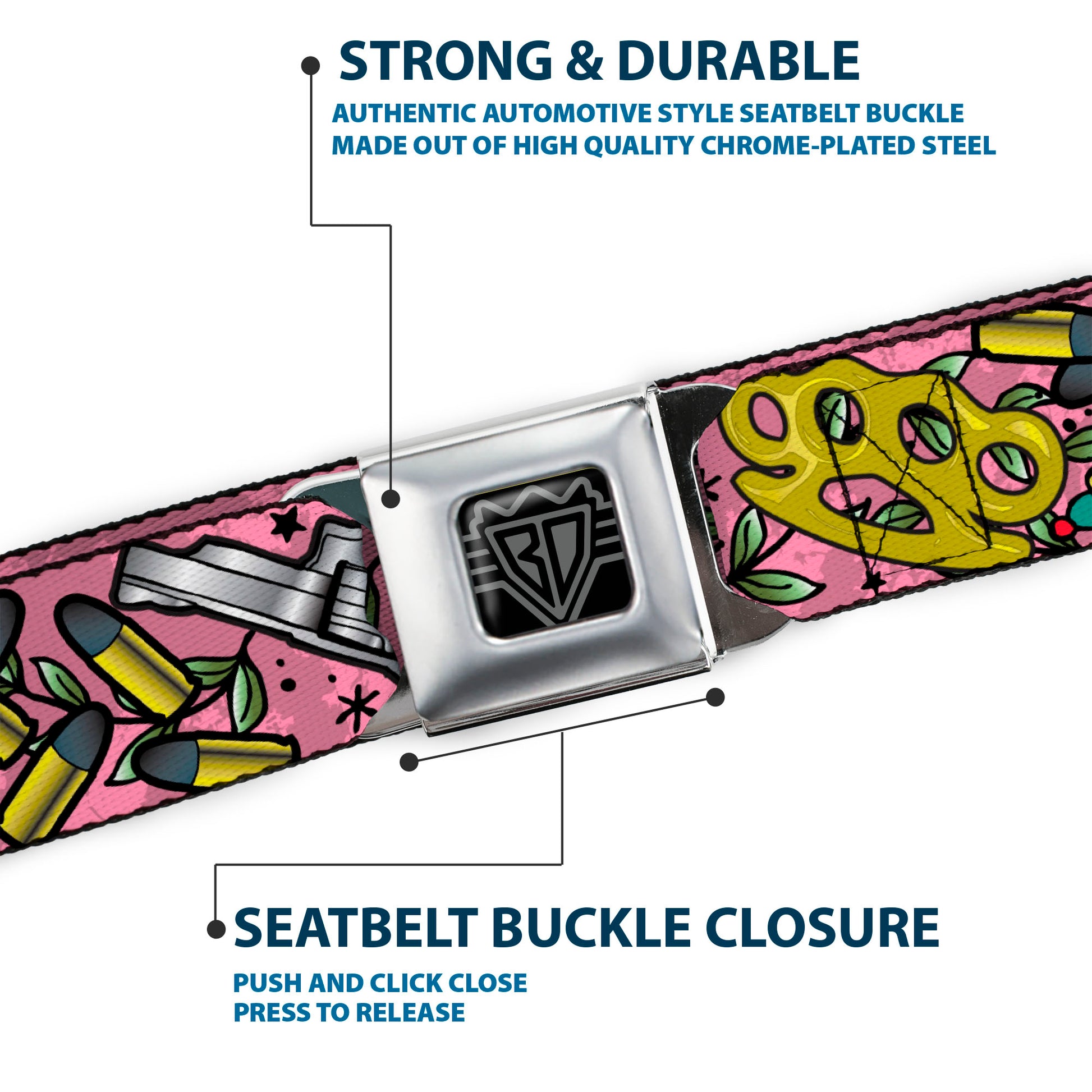 BD Wings Logo CLOSE-UP Full Color Black Silver Seatbelt Belt - Born to Raise Hell CLOSE-UP Pink Webbing Seatbelt Belts Buckle-Down