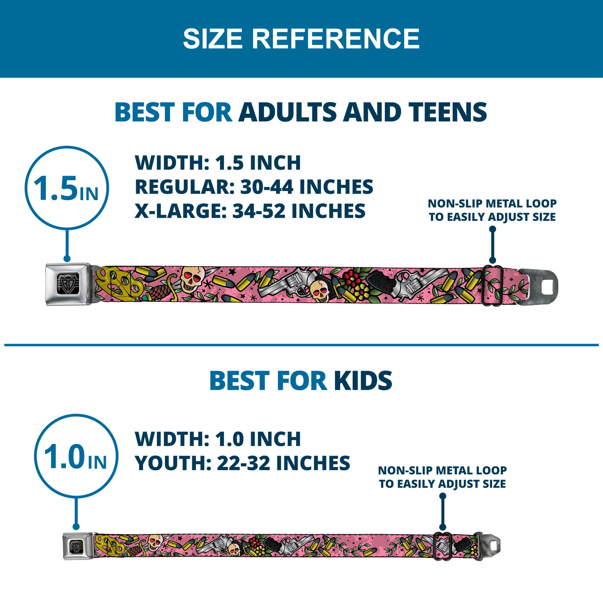 BD Wings Logo CLOSE-UP Full Color Black Silver Seatbelt Belt - Born to Raise Hell CLOSE-UP Pink Webbing Seatbelt Belts Buckle-Down