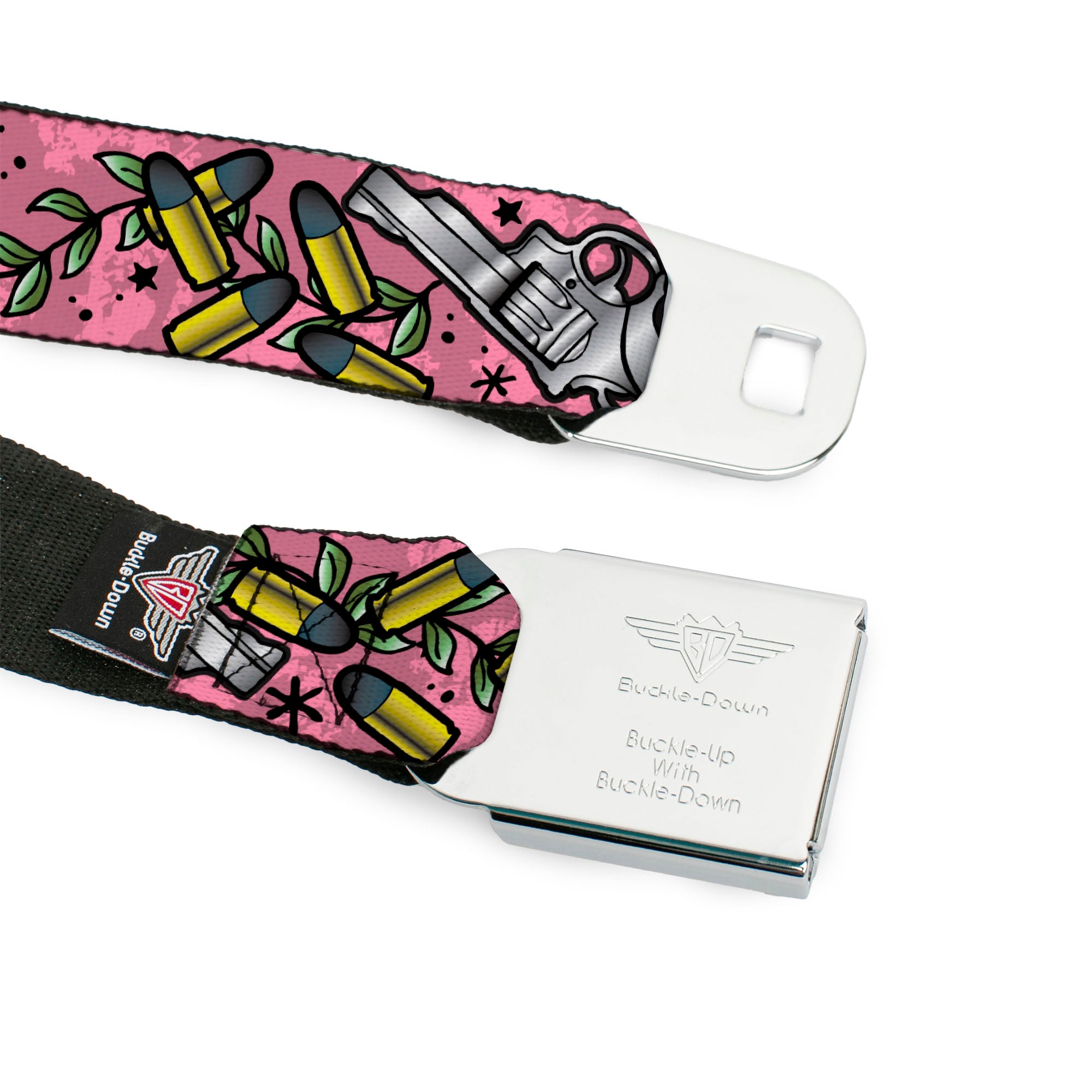 BD Wings Logo CLOSE-UP Full Color Black Silver Seatbelt Belt - Born to Raise Hell CLOSE-UP Pink Webbing Seatbelt Belts Buckle-Down