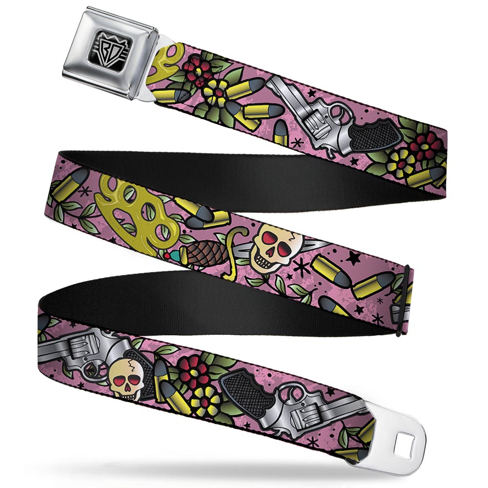 BD Wings Logo CLOSE-UP Full Color Black Silver Seatbelt Belt - Born to Raise Hell CLOSE-UP Pink Webbing Seatbelt Belts Buckle-Down