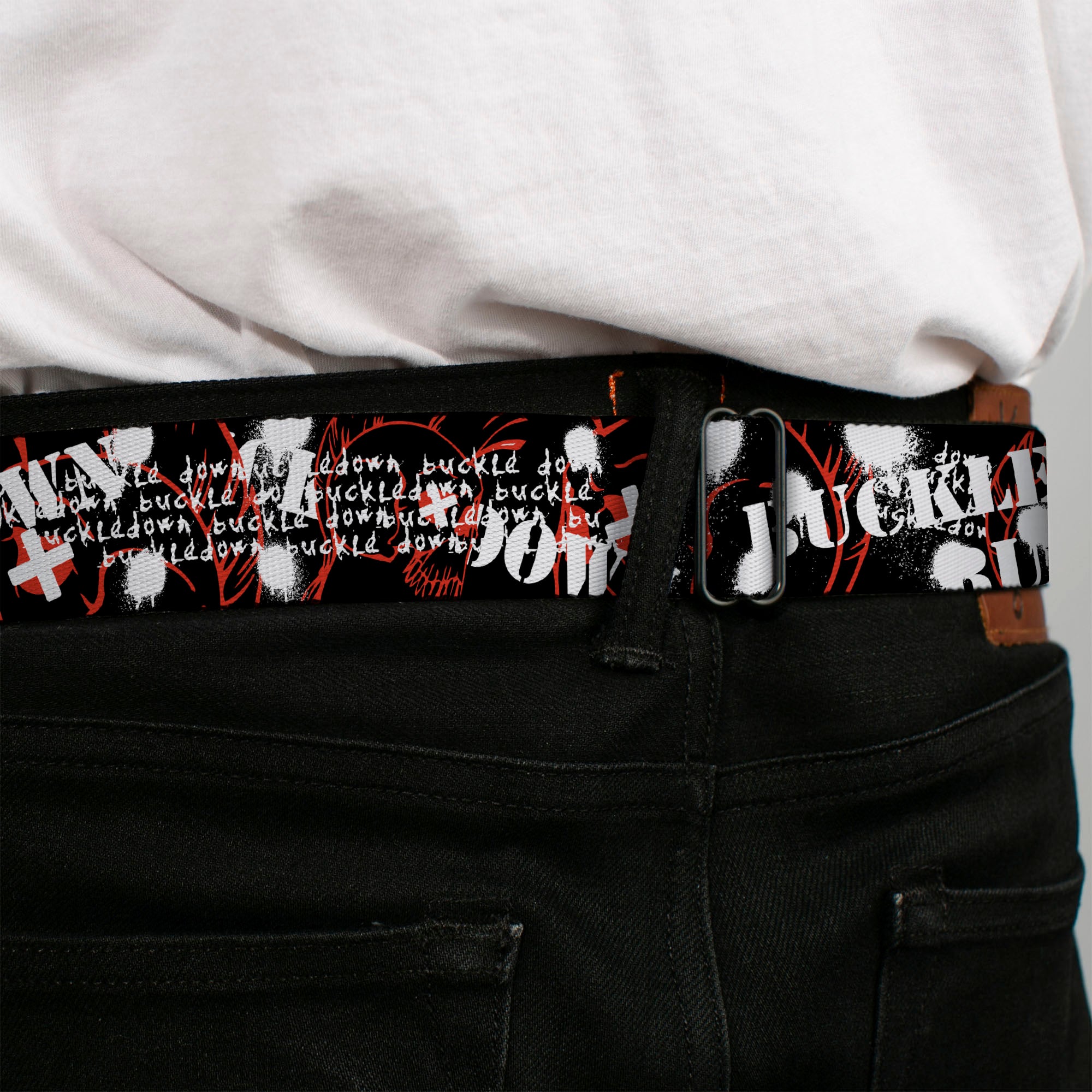 BD Wings Logo CLOSE-UP Full Color Black Silver Seatbelt Belt - BD Punk Webbing Seatbelt Belts Buckle-Down