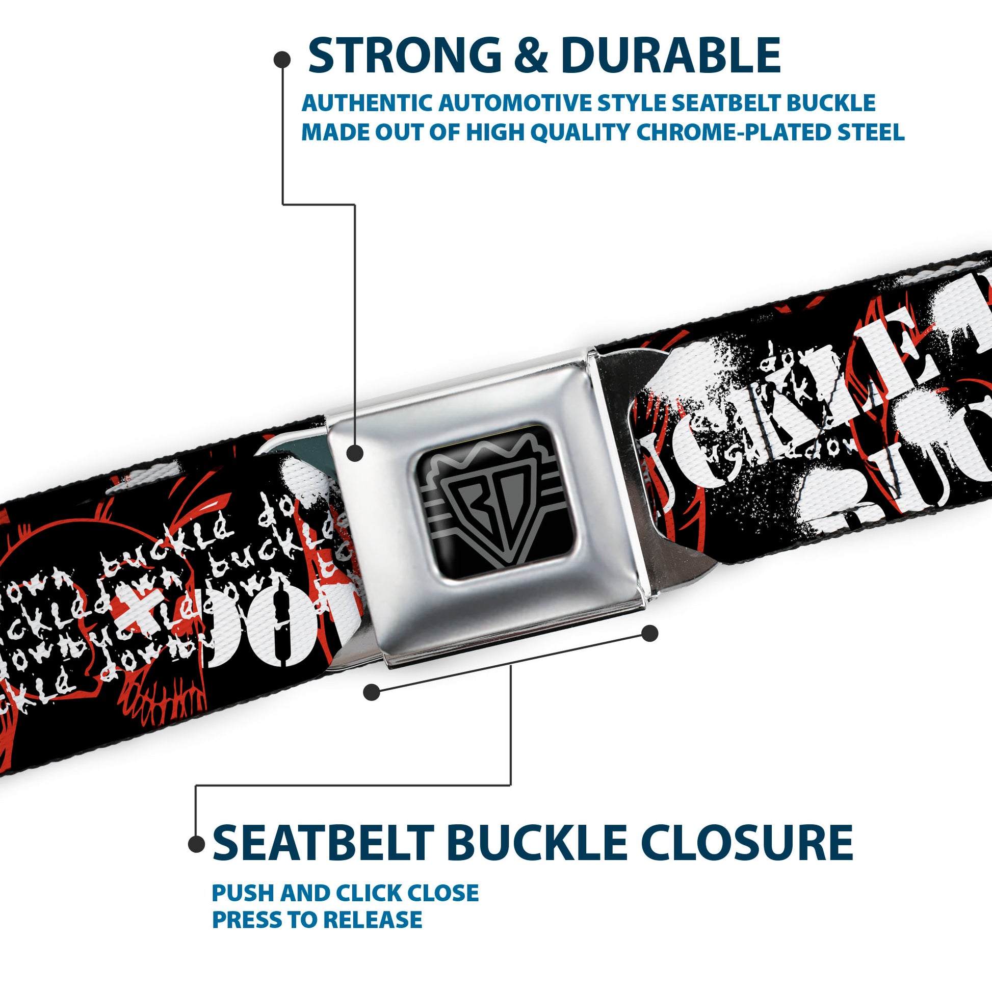 BD Wings Logo CLOSE-UP Full Color Black Silver Seatbelt Belt - BD Punk Webbing Seatbelt Belts Buckle-Down