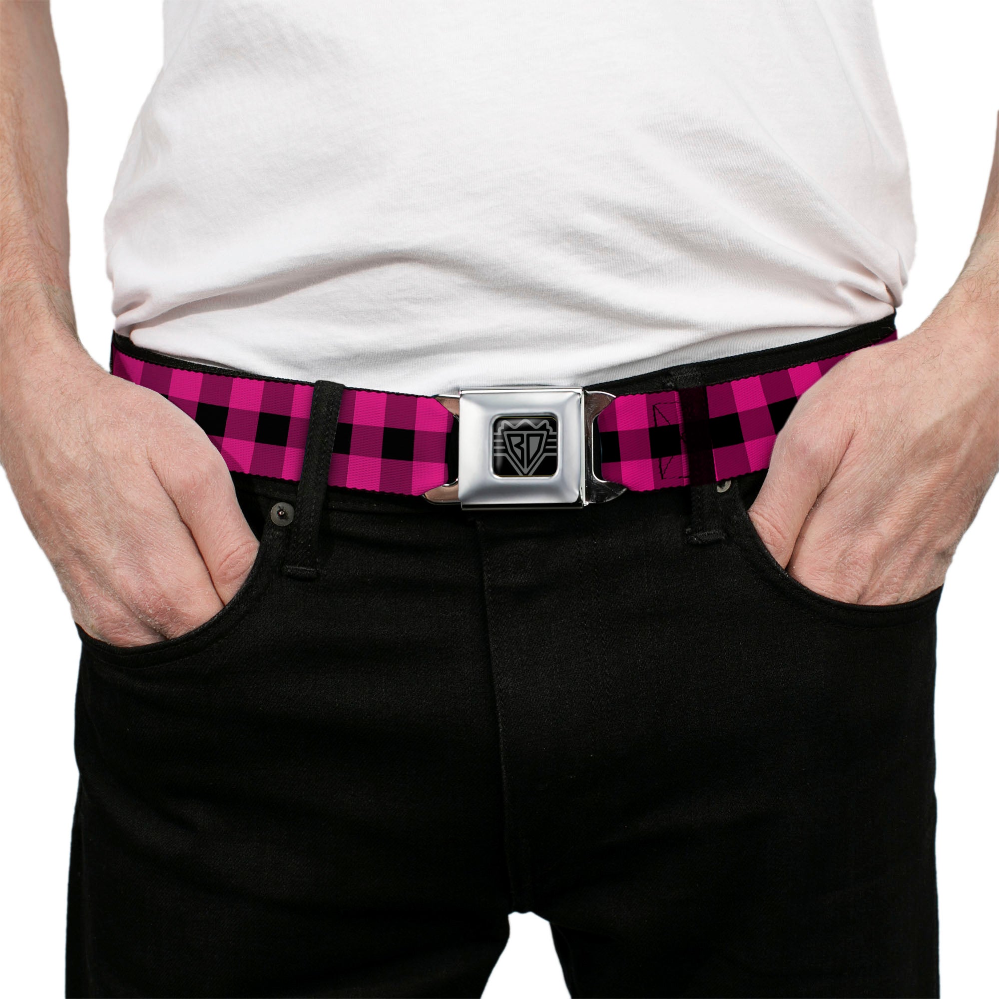 BD Wings Logo CLOSE-UP Full Color Black Silver Seatbelt Belt - Buffalo Plaid Black/Fuchsia Webbing Seatbelt Belts Buckle-Down