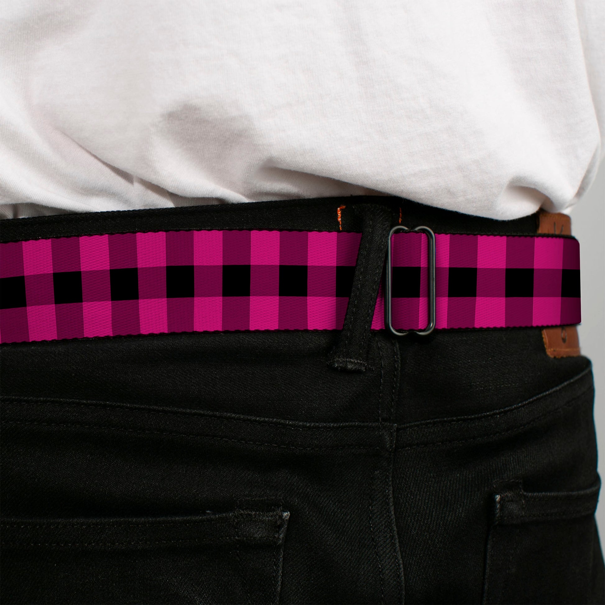 BD Wings Logo CLOSE-UP Full Color Black Silver Seatbelt Belt - Buffalo Plaid Black/Fuchsia Webbing Seatbelt Belts Buckle-Down