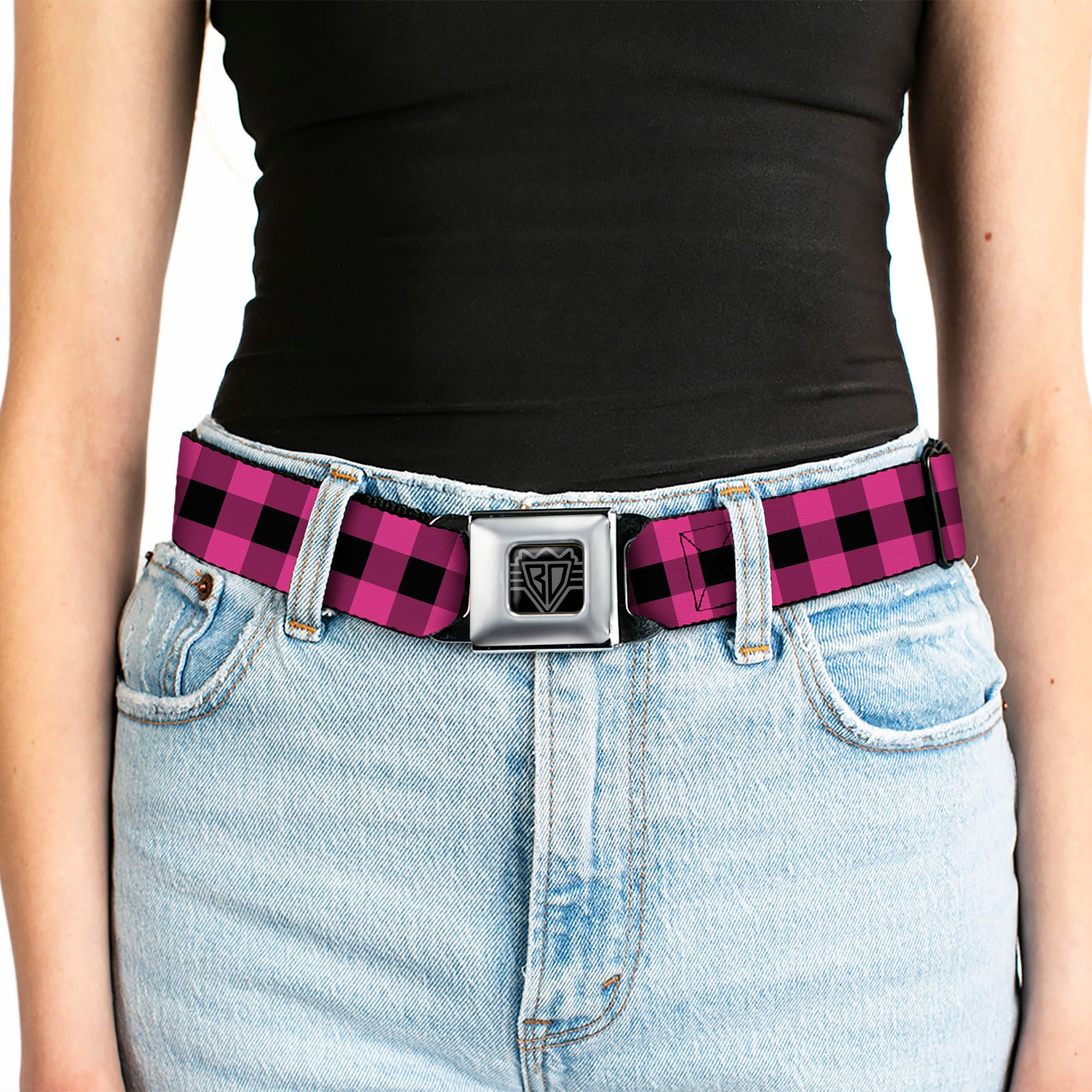 BD Wings Logo CLOSE-UP Full Color Black Silver Seatbelt Belt - Buffalo Plaid Black/Fuchsia Webbing Seatbelt Belts Buckle-Down