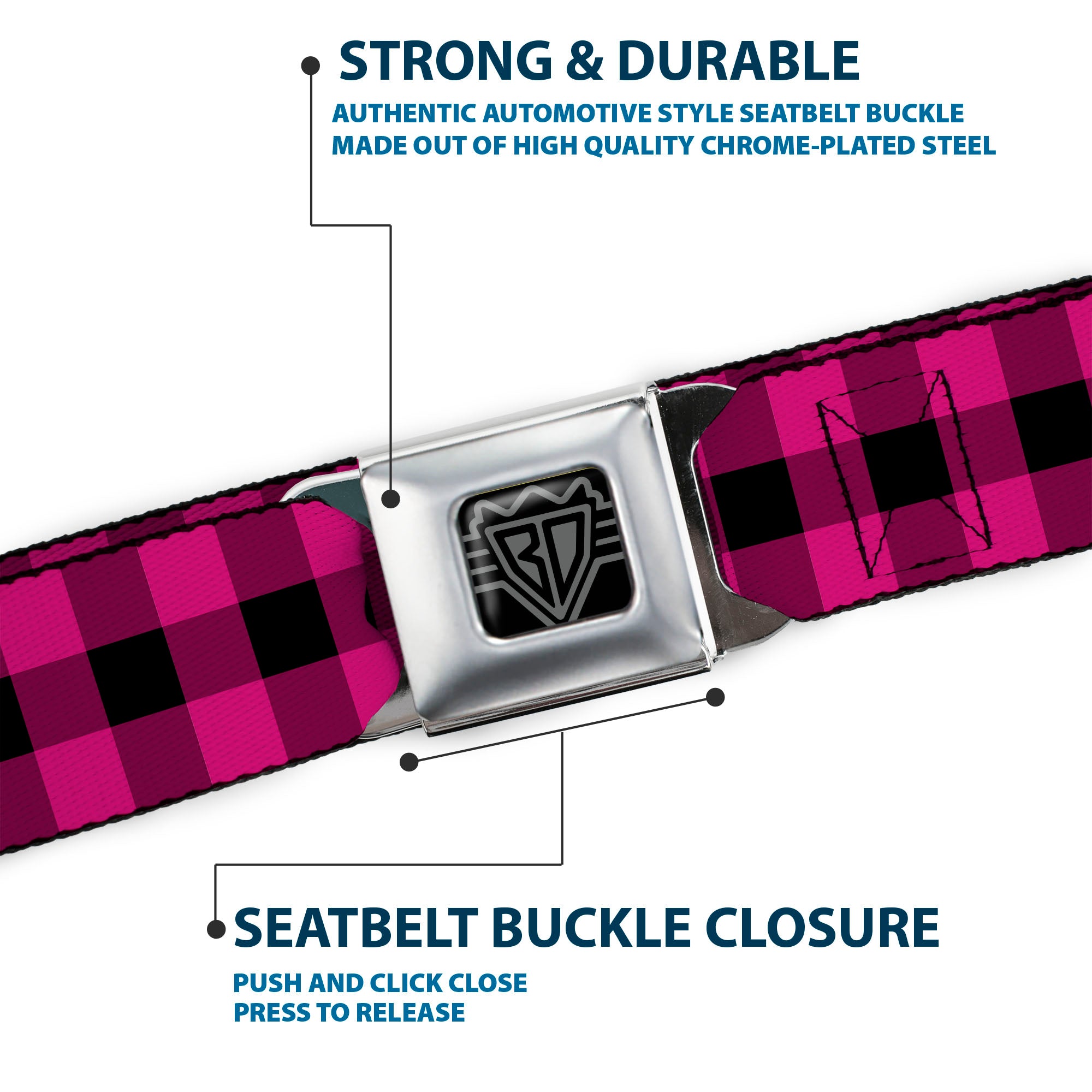 BD Wings Logo CLOSE-UP Full Color Black Silver Seatbelt Belt - Buffalo Plaid Black/Fuchsia Webbing Seatbelt Belts Buckle-Down