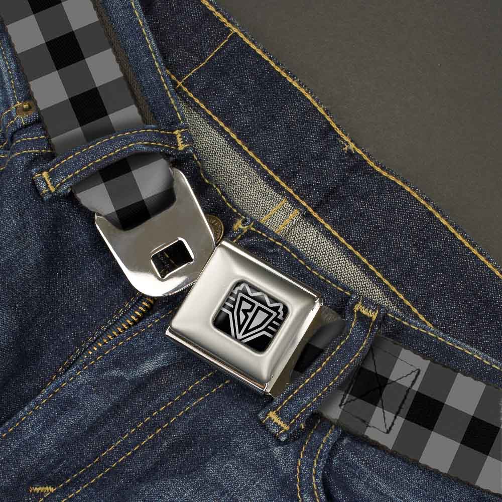 BD Wings Logo CLOSE-UP Full Color Black Silver Seatbelt Belt - Buffalo Plaid Black/Gray Webbing Seatbelt Belts Buckle-Down