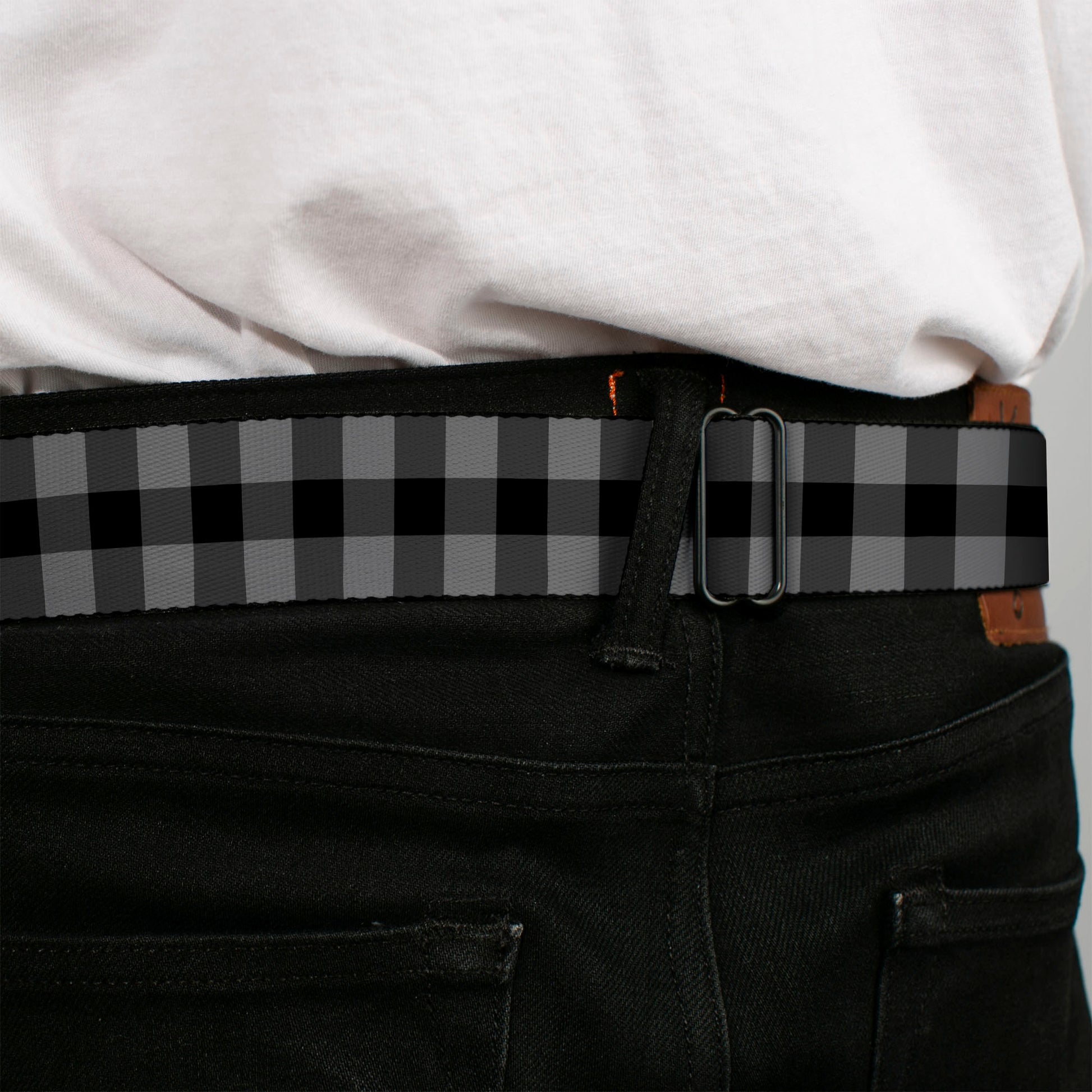 BD Wings Logo CLOSE-UP Full Color Black Silver Seatbelt Belt - Buffalo Plaid Black/Gray Webbing Seatbelt Belts Buckle-Down