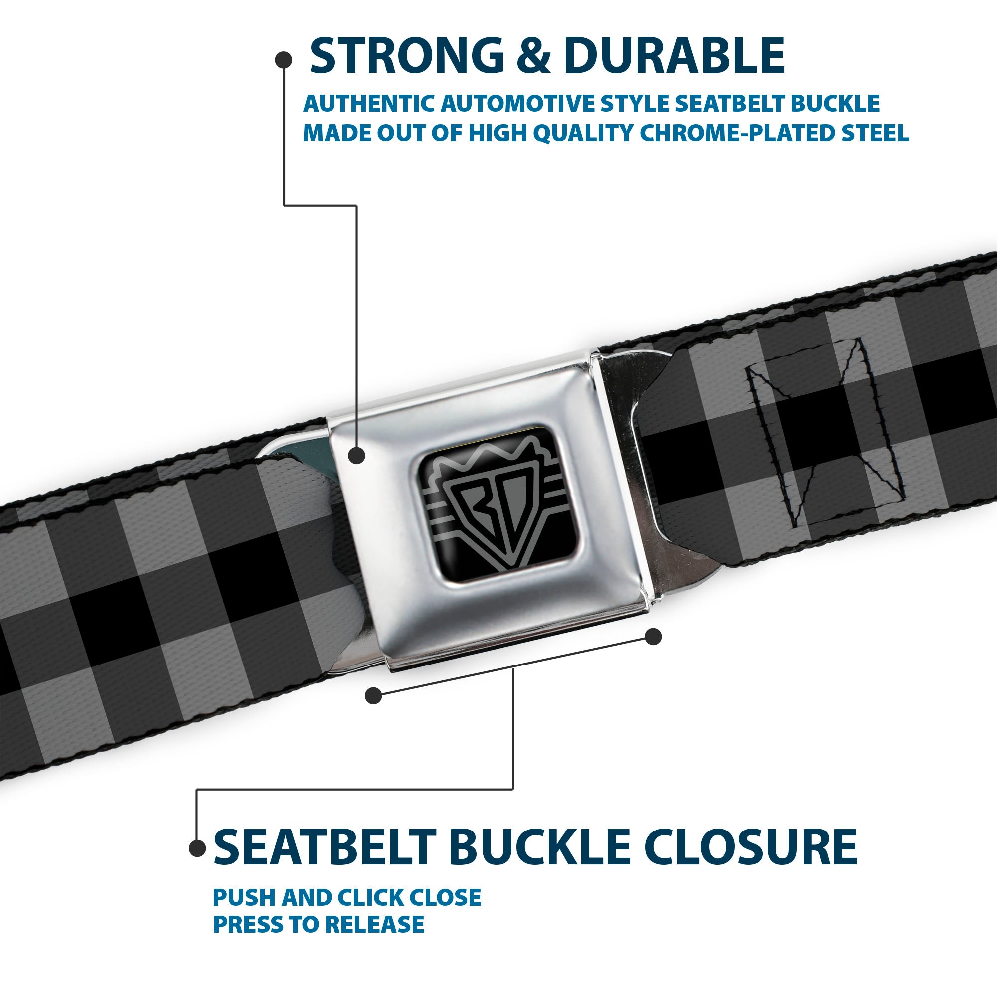 BD Wings Logo CLOSE-UP Full Color Black Silver Seatbelt Belt - Buffalo Plaid Black/Gray Webbing Seatbelt Belts Buckle-Down