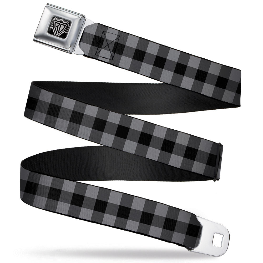 BD Wings Logo CLOSE-UP Full Color Black Silver Seatbelt Belt - Buffalo Plaid Black/Gray Webbing Seatbelt Belts Buckle-Down