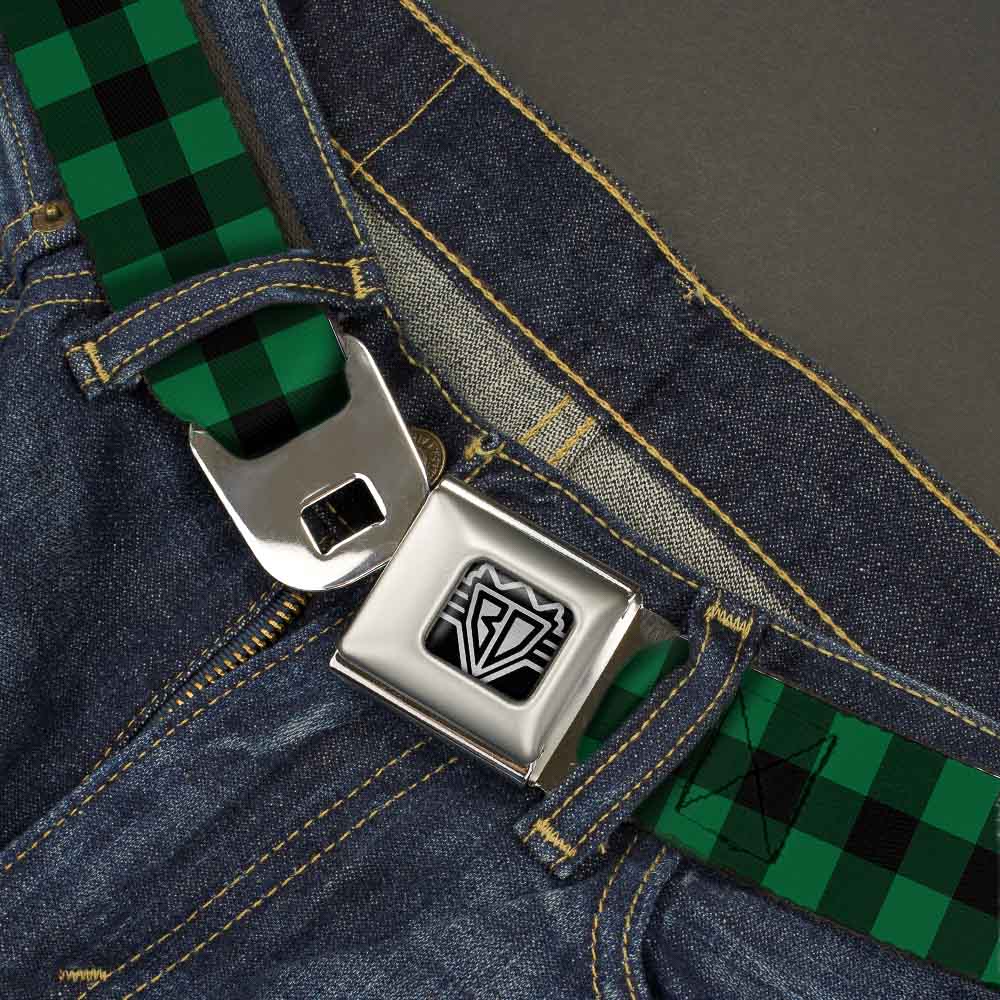 BD Wings Logo CLOSE-UP Full Color Black Silver Seatbelt Belt - Buffalo Plaid Black/Green Webbing Seatbelt Belts Buckle-Down