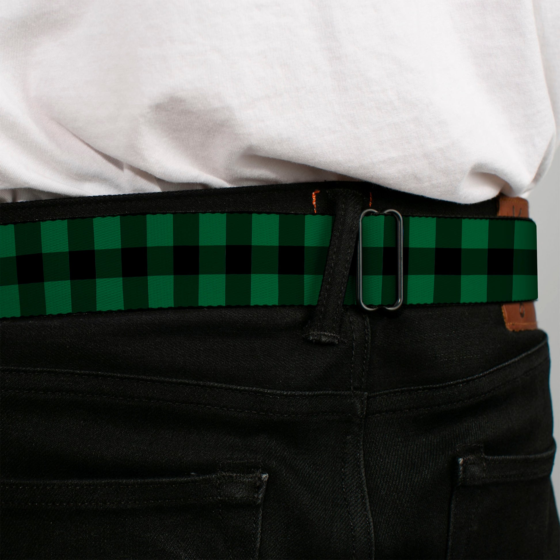 BD Wings Logo CLOSE-UP Full Color Black Silver Seatbelt Belt - Buffalo Plaid Black/Green Webbing Seatbelt Belts Buckle-Down