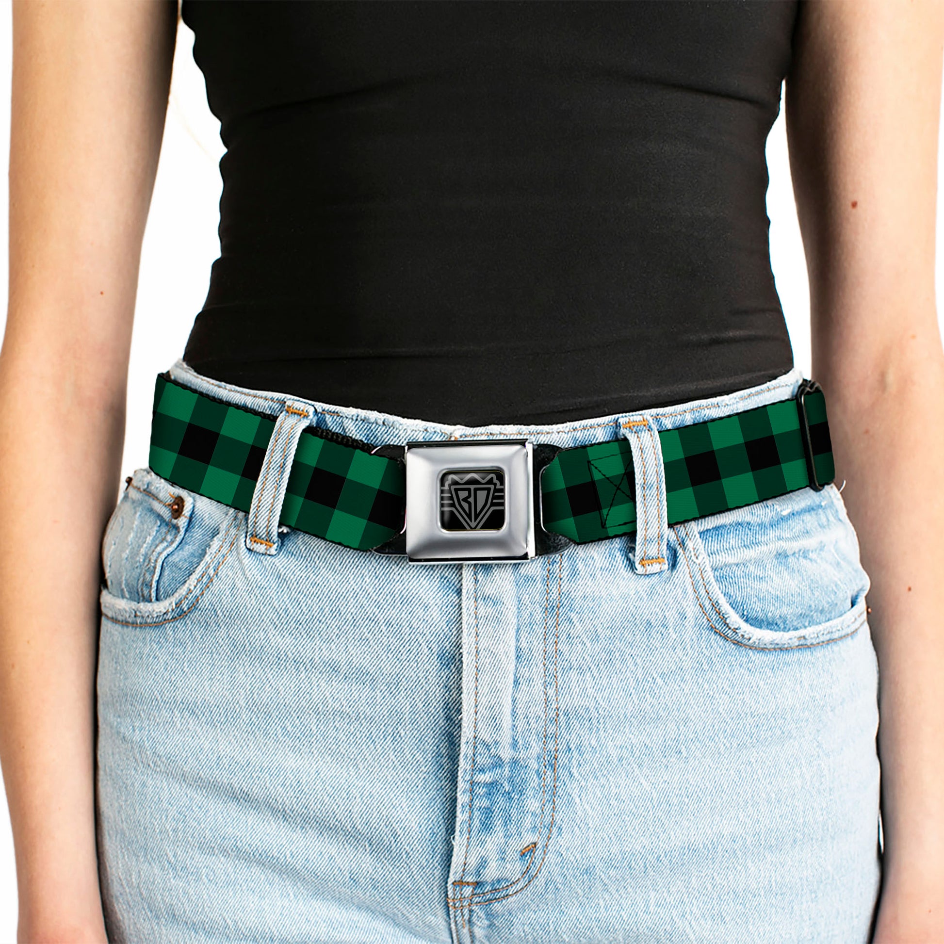 BD Wings Logo CLOSE-UP Full Color Black Silver Seatbelt Belt - Buffalo Plaid Black/Green Webbing Seatbelt Belts Buckle-Down