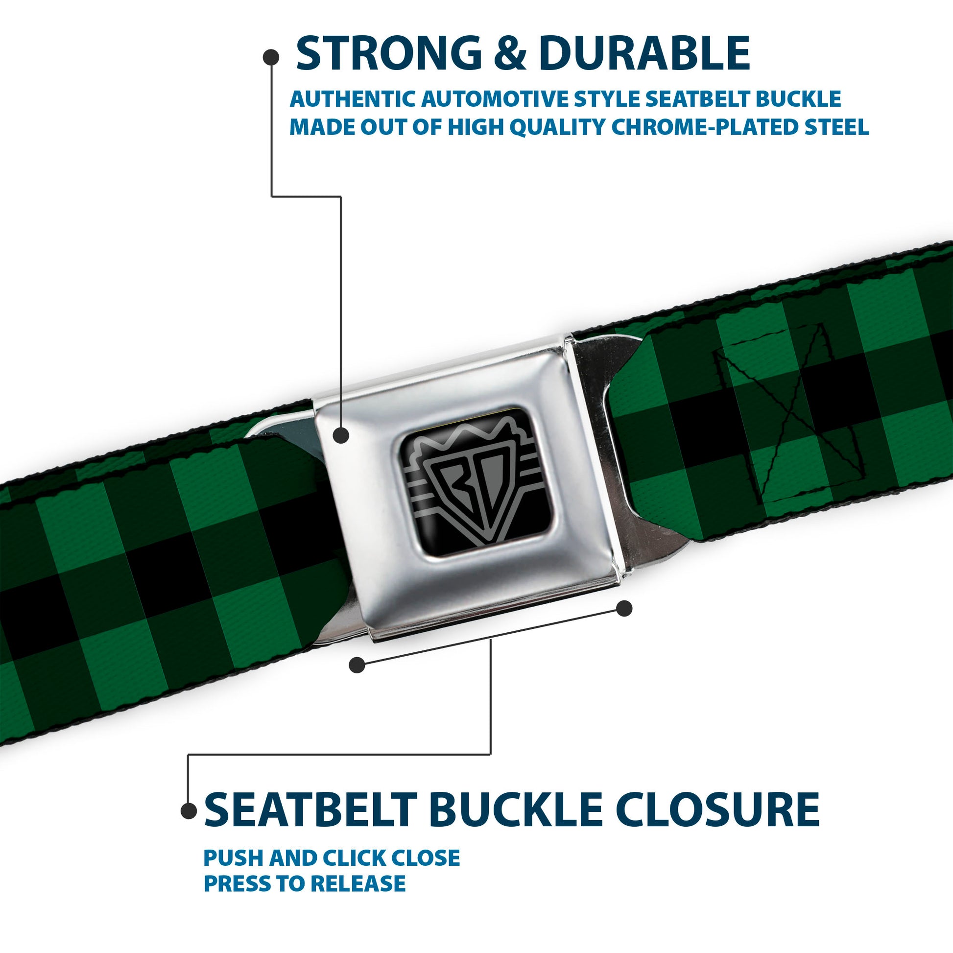 BD Wings Logo CLOSE-UP Full Color Black Silver Seatbelt Belt - Buffalo Plaid Black/Green Webbing Seatbelt Belts Buckle-Down