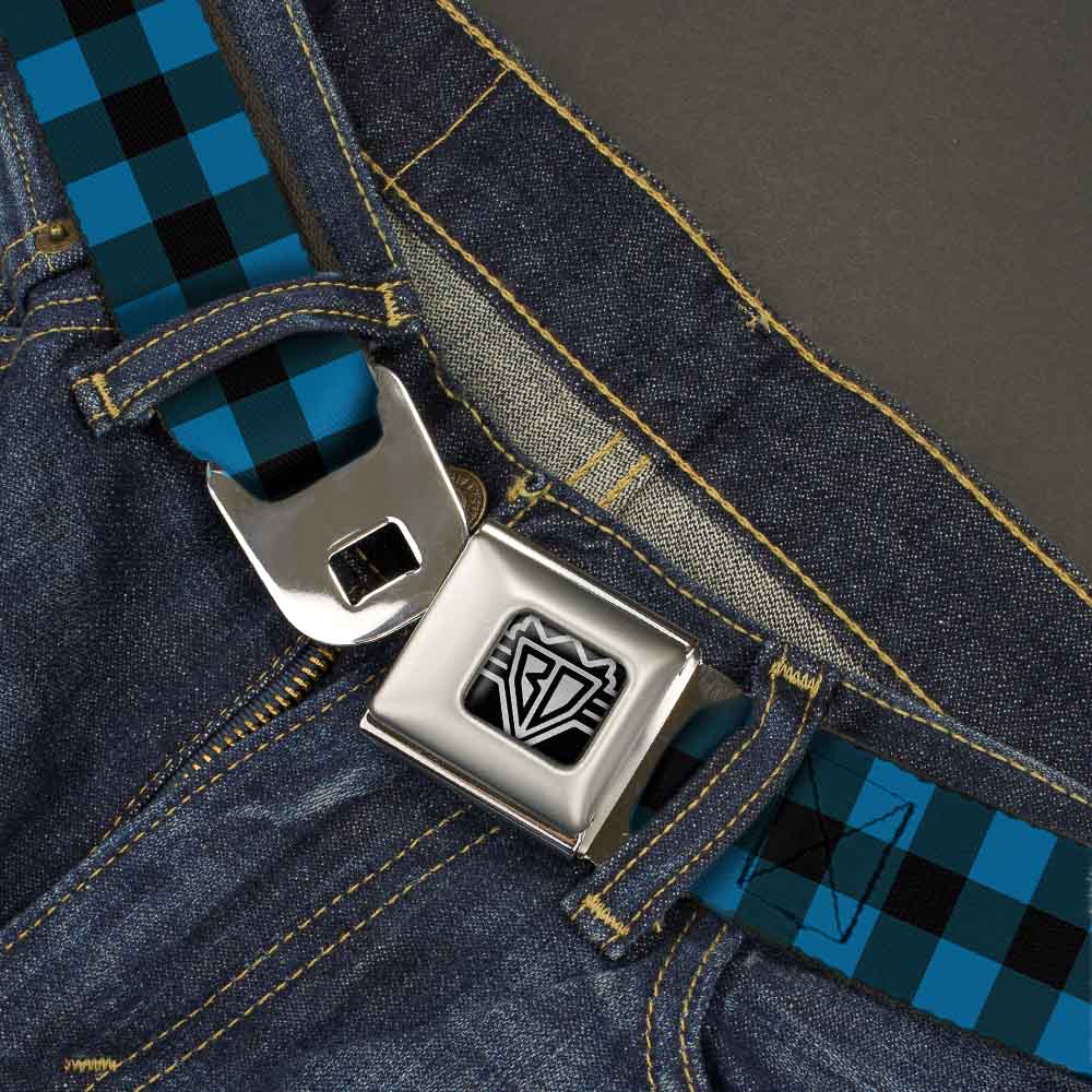 BD Wings Logo CLOSE-UP Full Color Black Silver Seatbelt Belt - Buffalo Plaid Black/Turquoise Webbing Seatbelt Belts Buckle-Down