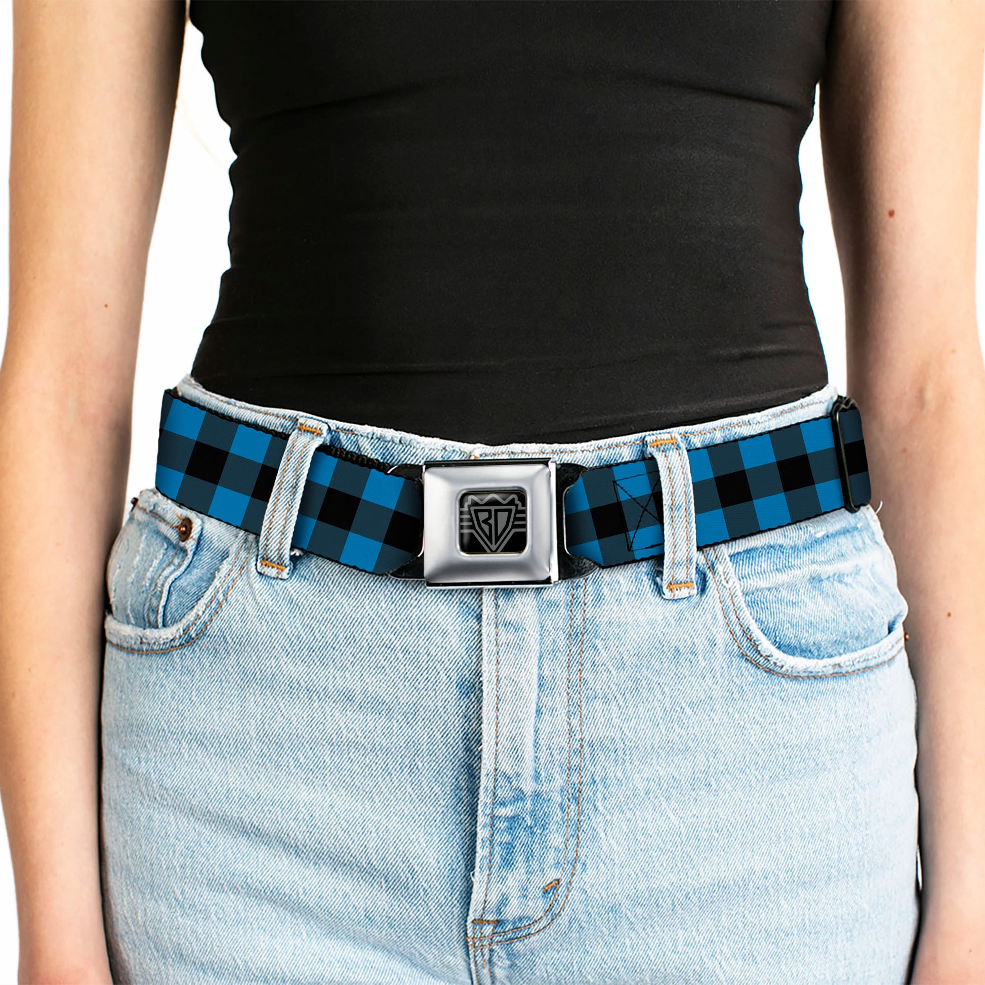 BD Wings Logo CLOSE-UP Full Color Black Silver Seatbelt Belt - Buffalo Plaid Black/Turquoise Webbing Seatbelt Belts Buckle-Down