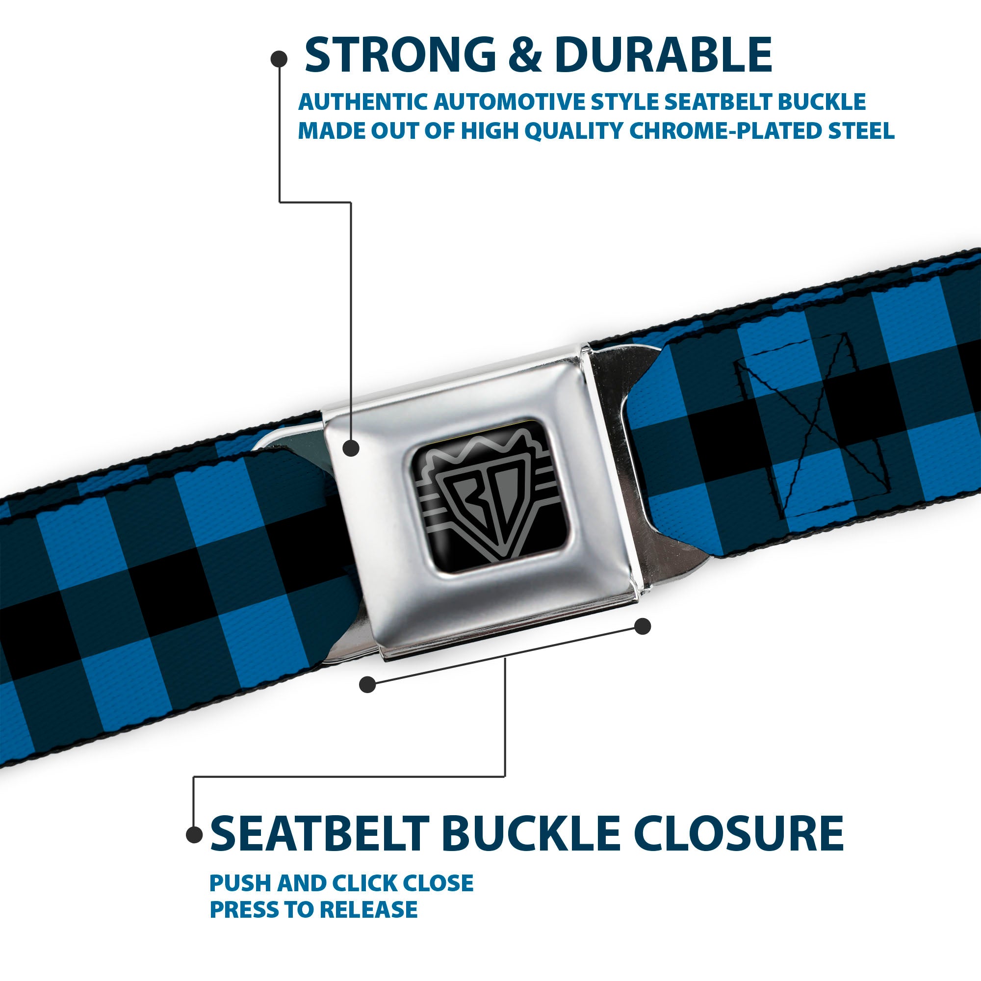 BD Wings Logo CLOSE-UP Full Color Black Silver Seatbelt Belt - Buffalo Plaid Black/Turquoise Webbing Seatbelt Belts Buckle-Down