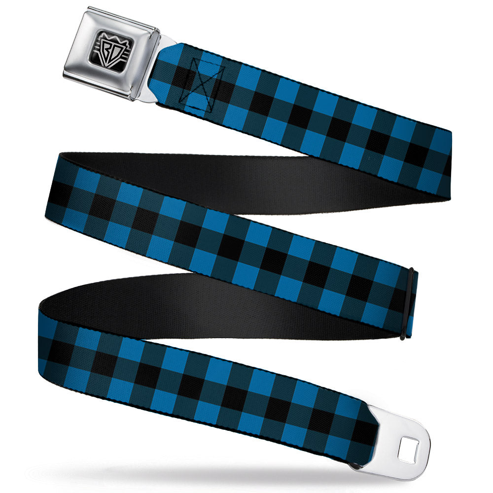 BD Wings Logo CLOSE-UP Full Color Black Silver Seatbelt Belt - Buffalo Plaid Black/Turquoise Webbing Seatbelt Belts Buckle-Down