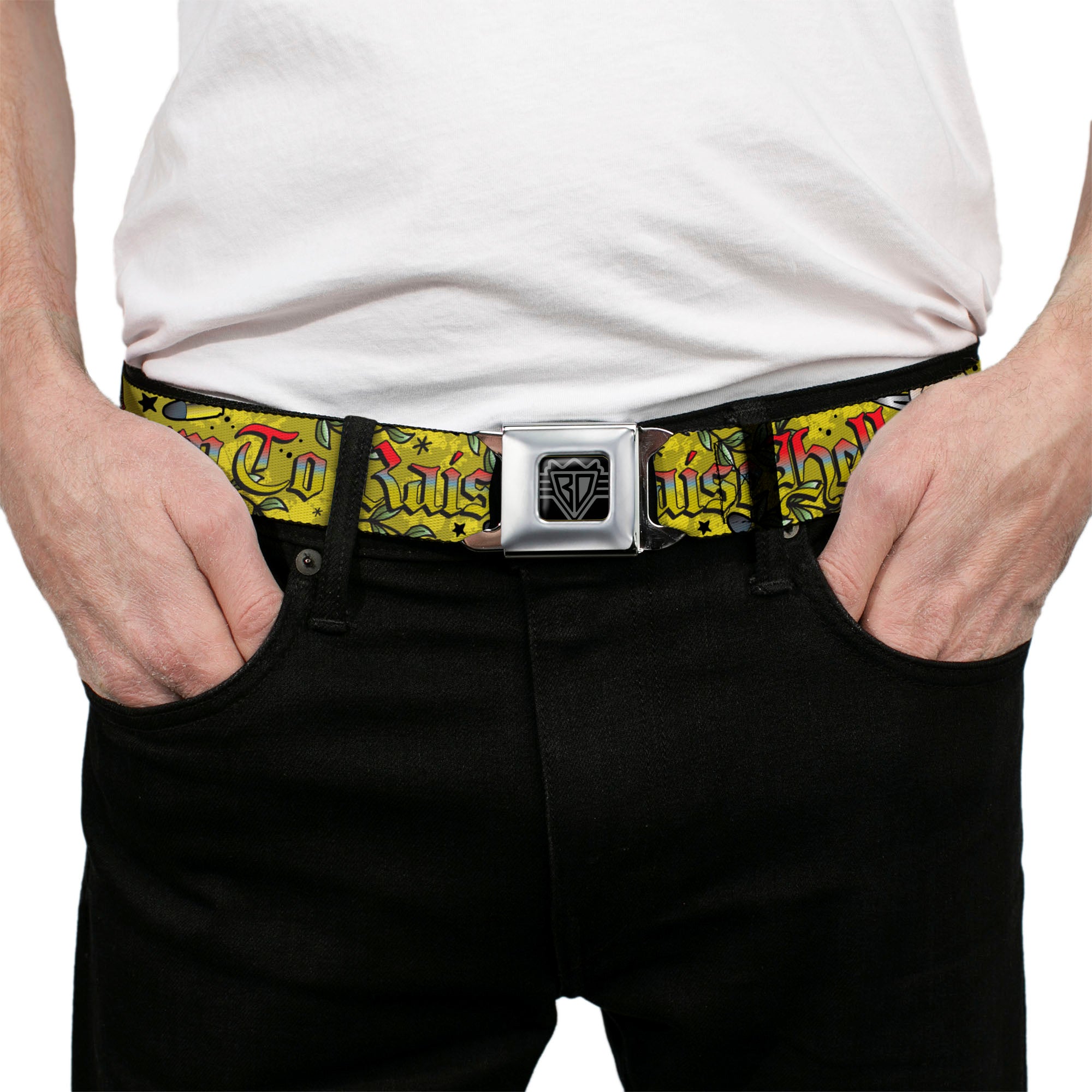 BD Wings Logo CLOSE-UP Full Color Black Silver Seatbelt Belt - Born to Raise Hell Yellow Webbing Seatbelt Belts Buckle-Down