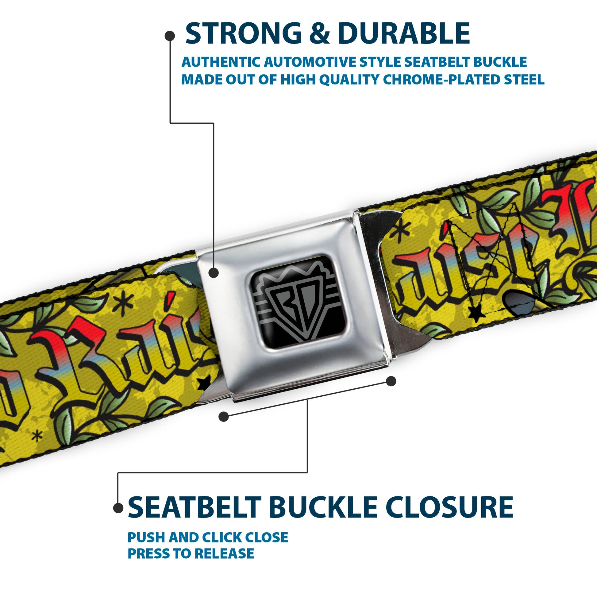 BD Wings Logo CLOSE-UP Full Color Black Silver Seatbelt Belt - Born to Raise Hell Yellow Webbing Seatbelt Belts Buckle-Down