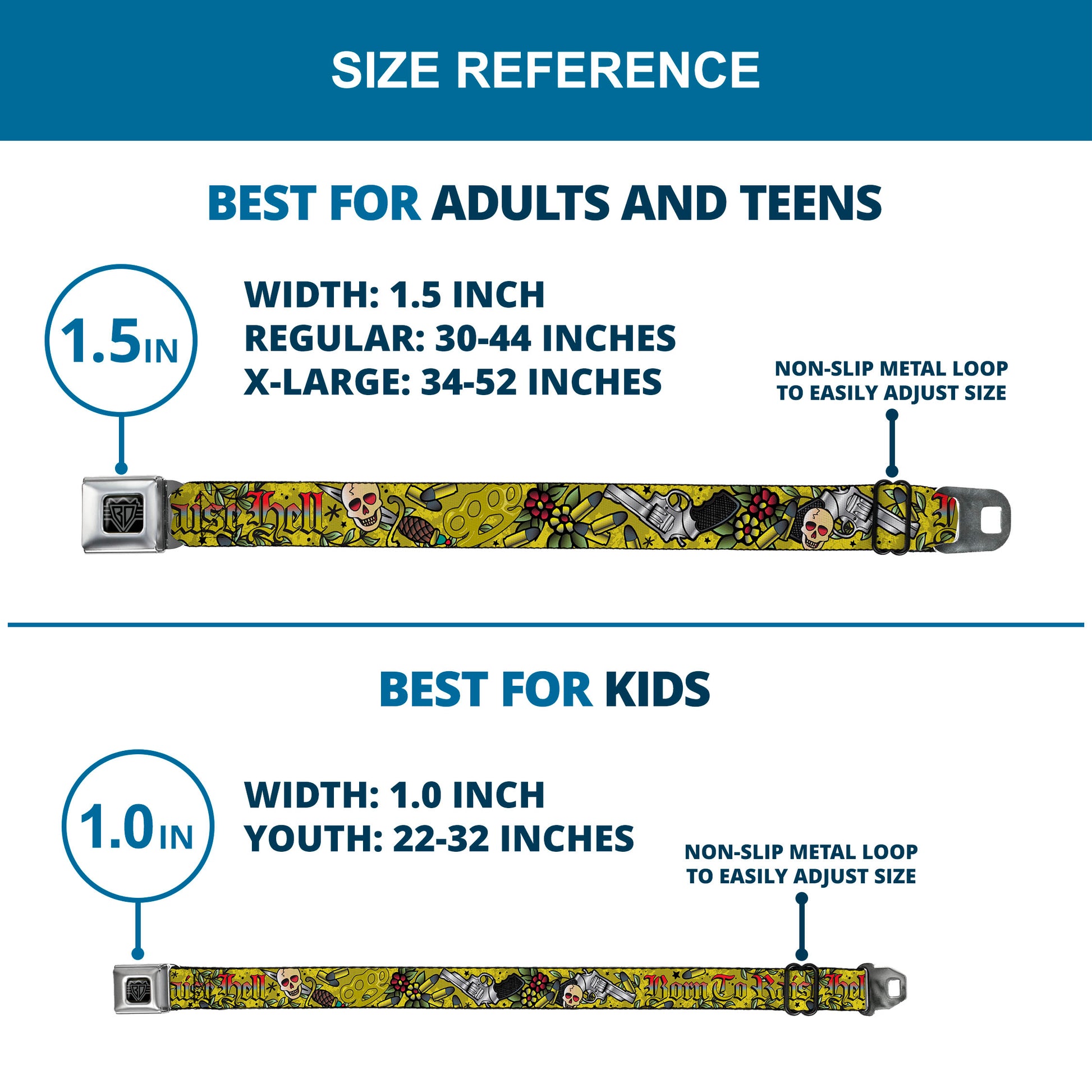 BD Wings Logo CLOSE-UP Full Color Black Silver Seatbelt Belt - Born to Raise Hell Yellow Webbing Seatbelt Belts Buckle-Down