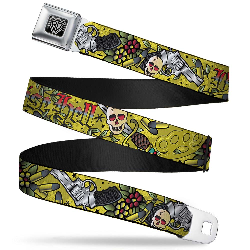 BD Wings Logo CLOSE-UP Full Color Black Silver Seatbelt Belt - Born to Raise Hell Yellow Webbing Seatbelt Belts Buckle-Down