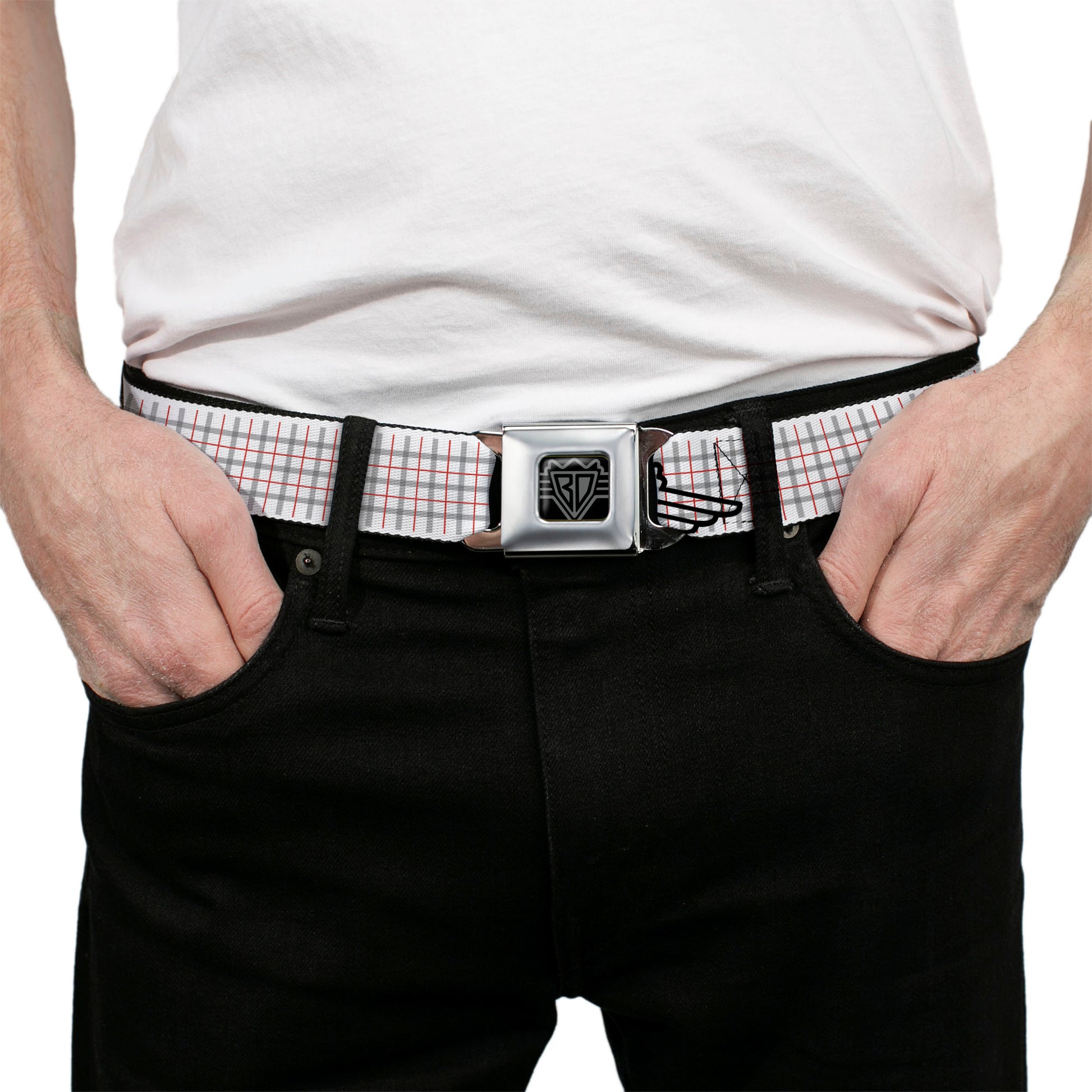 BD Wings Logo CLOSE-UP Full Color Black Silver Seatbelt Belt - BD Plaid White/Gray/Red Webbing Seatbelt Belts Buckle-Down