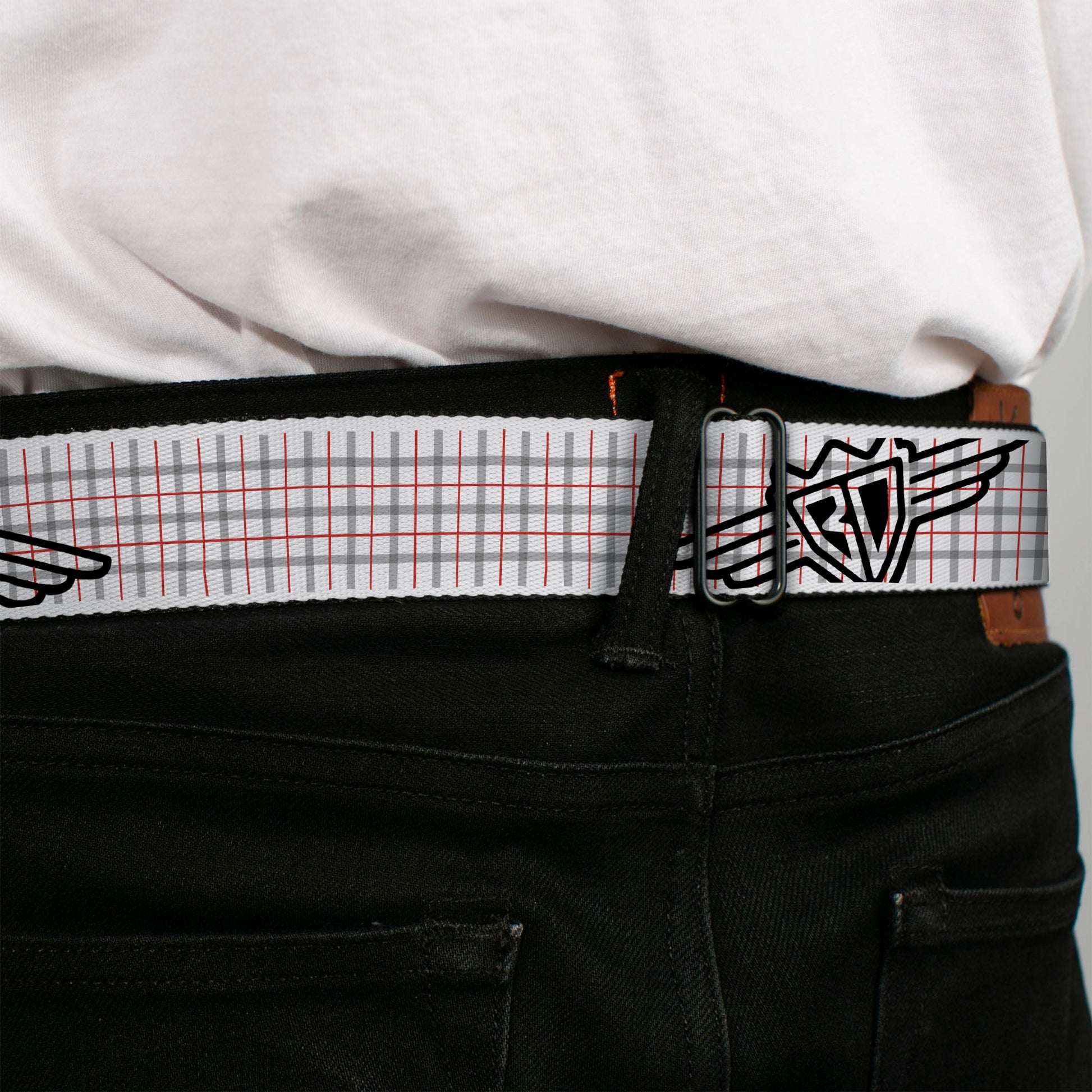 BD Wings Logo CLOSE-UP Full Color Black Silver Seatbelt Belt - BD Plaid White/Gray/Red Webbing Seatbelt Belts Buckle-Down