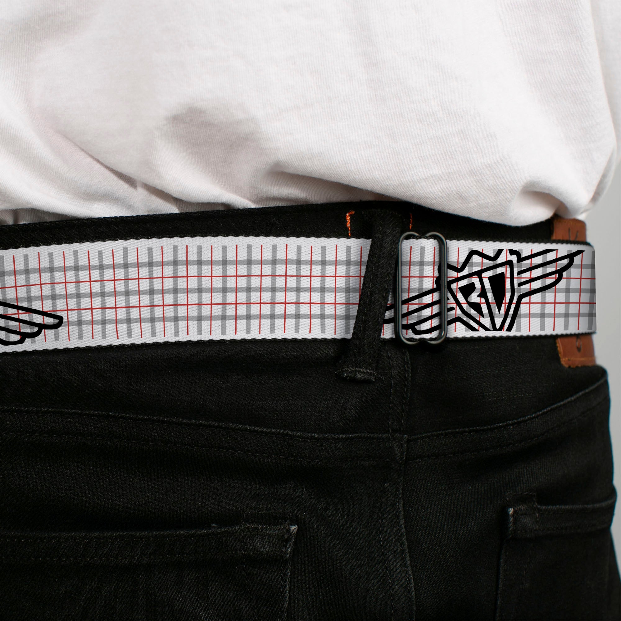 BD Wings Logo CLOSE-UP Full Color Black Silver Seatbelt Belt - BD Plaid White/Gray/Red Webbing Seatbelt Belts Buckle-Down