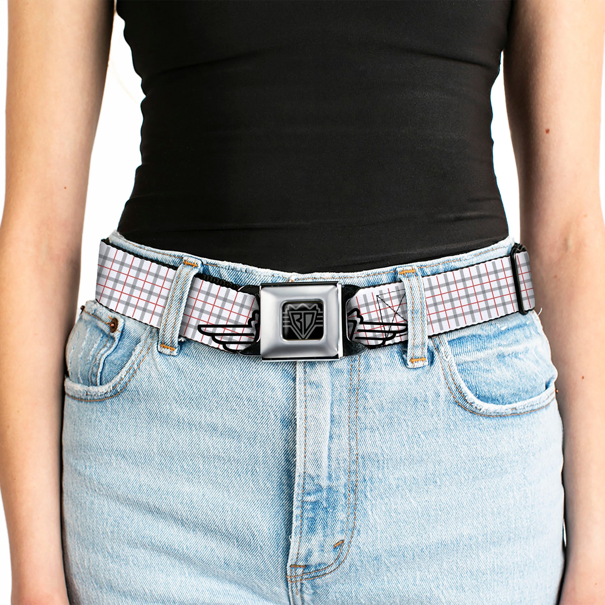 BD Wings Logo CLOSE-UP Full Color Black Silver Seatbelt Belt - BD Plaid White/Gray/Red Webbing Seatbelt Belts Buckle-Down