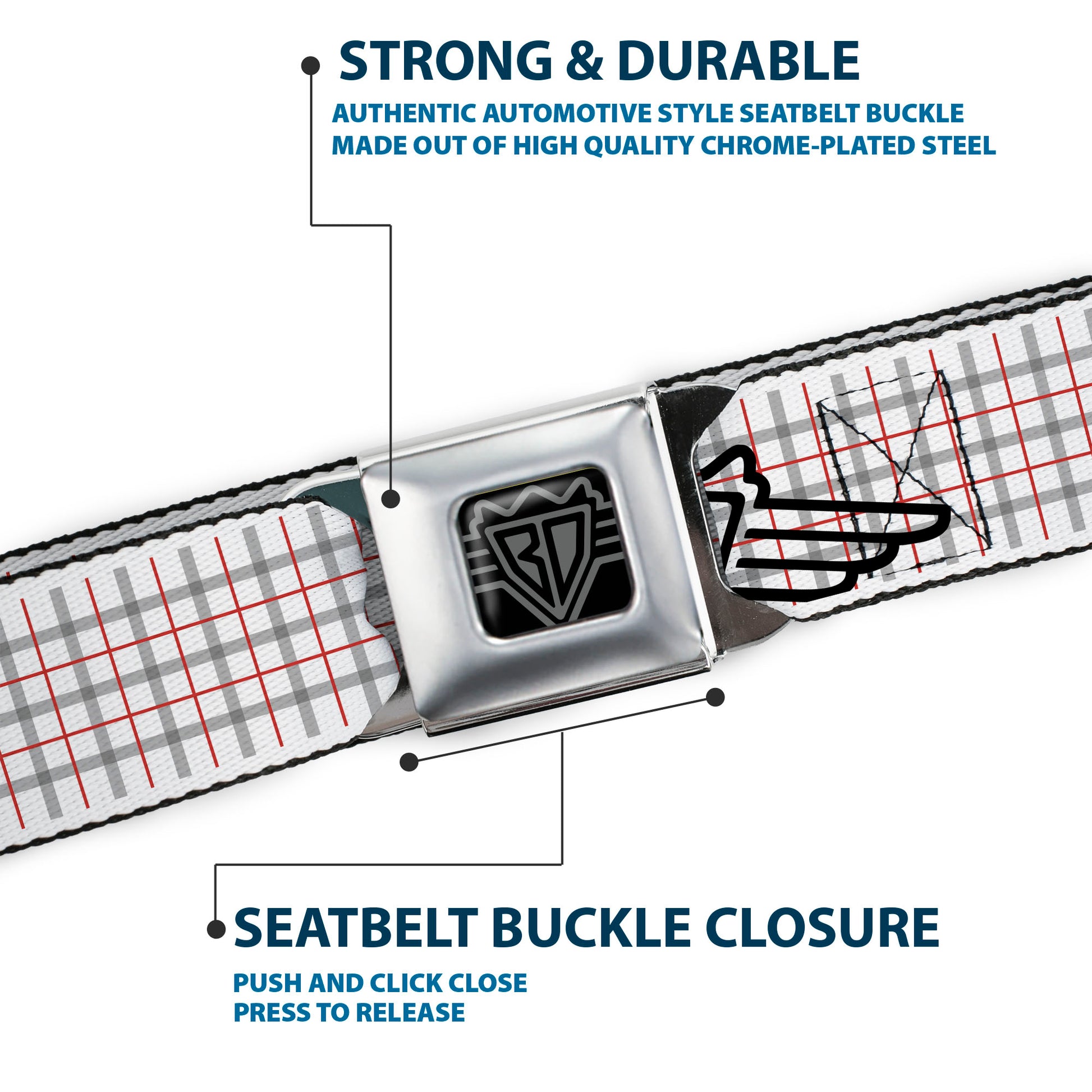 BD Wings Logo CLOSE-UP Full Color Black Silver Seatbelt Belt - BD Plaid White/Gray/Red Webbing Seatbelt Belts Buckle-Down