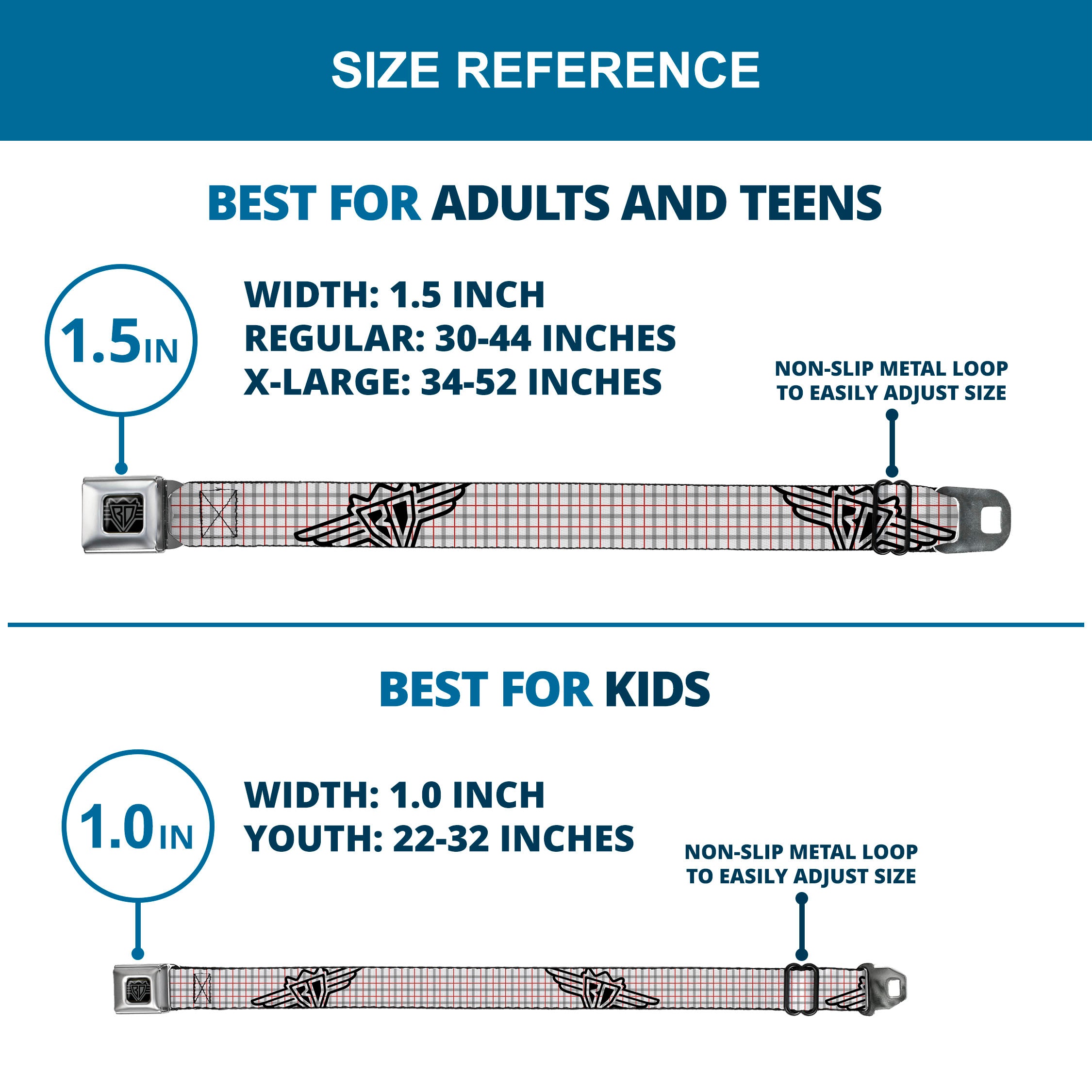 BD Wings Logo CLOSE-UP Full Color Black Silver Seatbelt Belt - BD Plaid White/Gray/Red Webbing Seatbelt Belts Buckle-Down